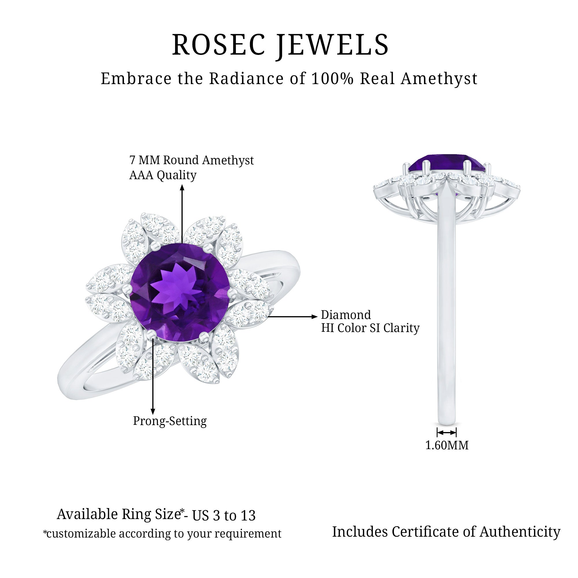 Round Amethyst Flower Engagement Ring with Diamond AAA - Rosec Jewels