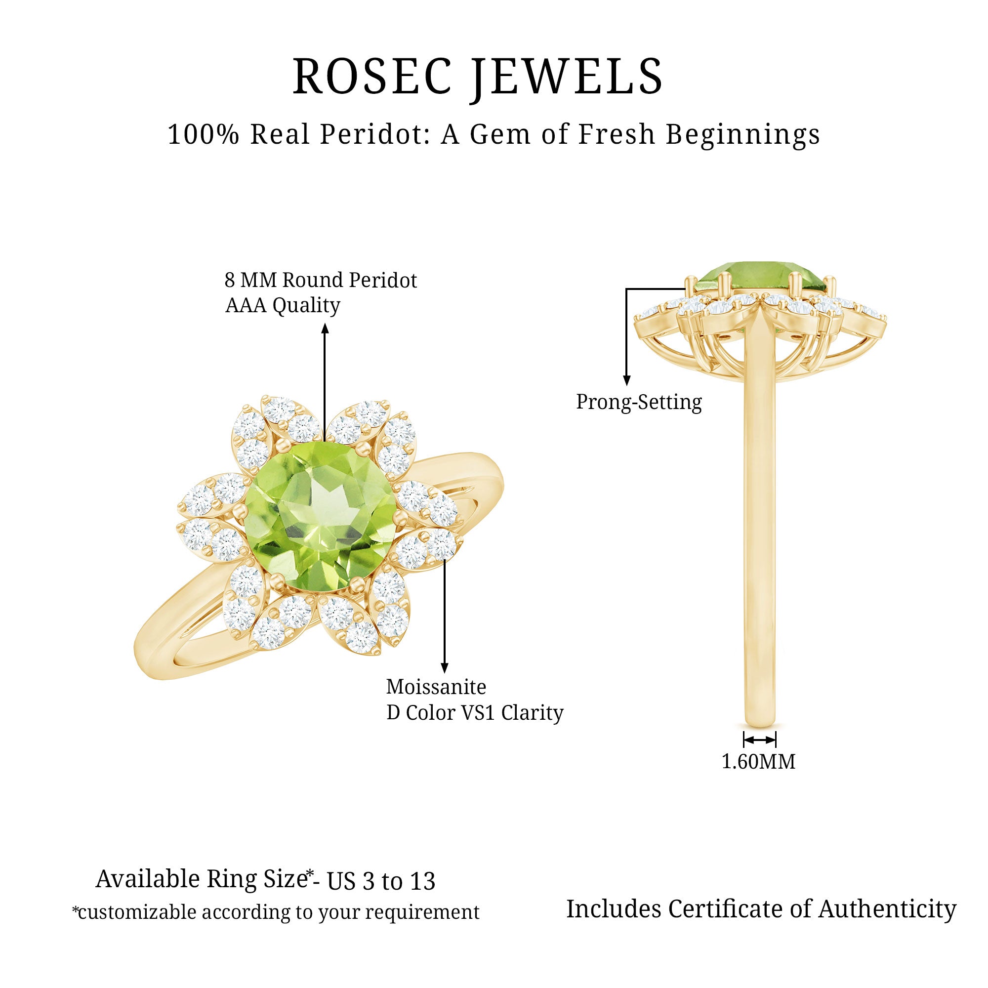 2 Carat Natural Peridot Flower Engagement Ring with Diamond AAA - Rosec Jewels