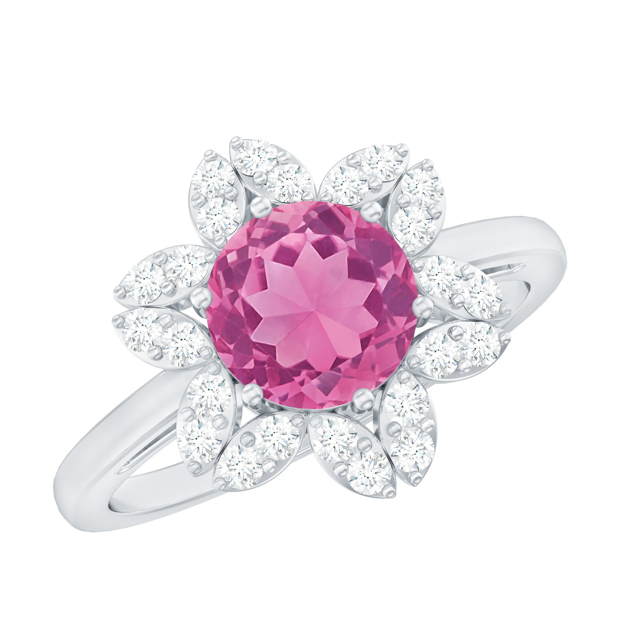Real 1.2 Carat Round Pink Tourmaline Flower Engagement Ring with Diamond AAA - Rosec Jewels
