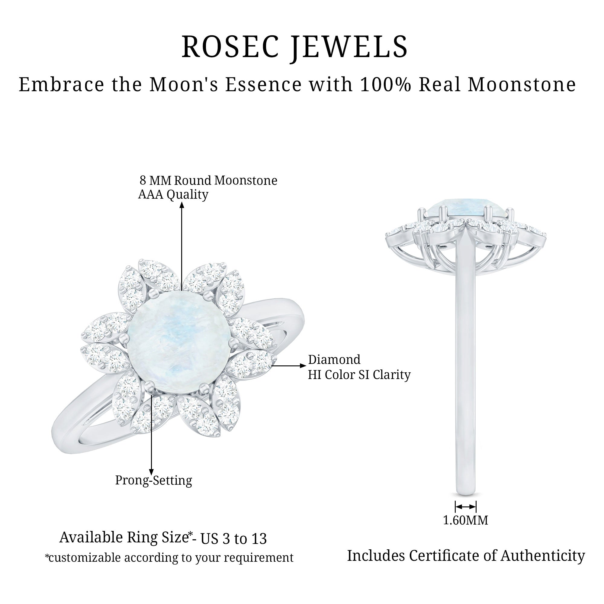 0.85 CT Moonstone and Diamond Floral Halo Engagement Ring AAA - Rosec Jewels