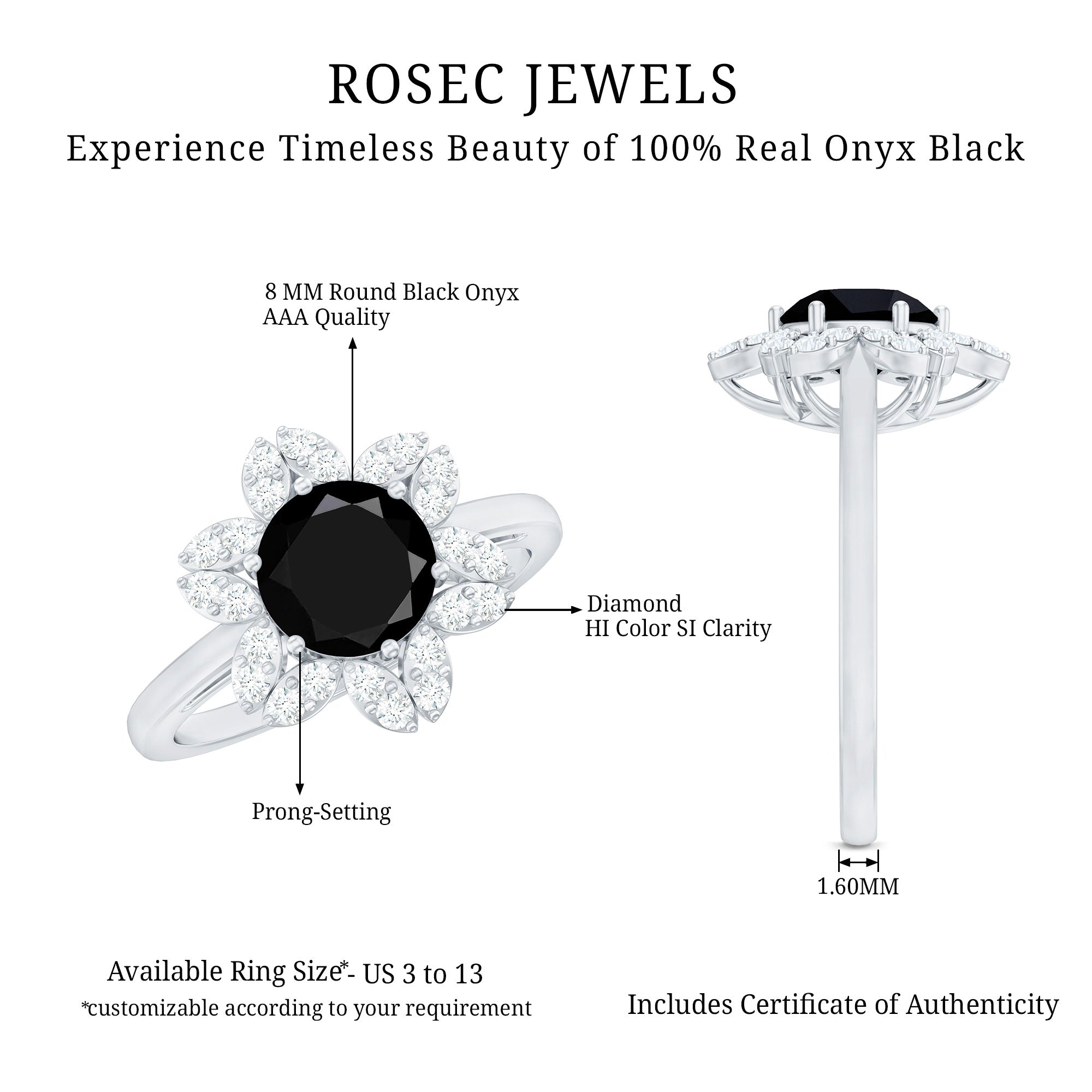 Genuine Round Cut Black Onyx Flower Engagement Ring with Diamonds AAA - Rosec Jewels