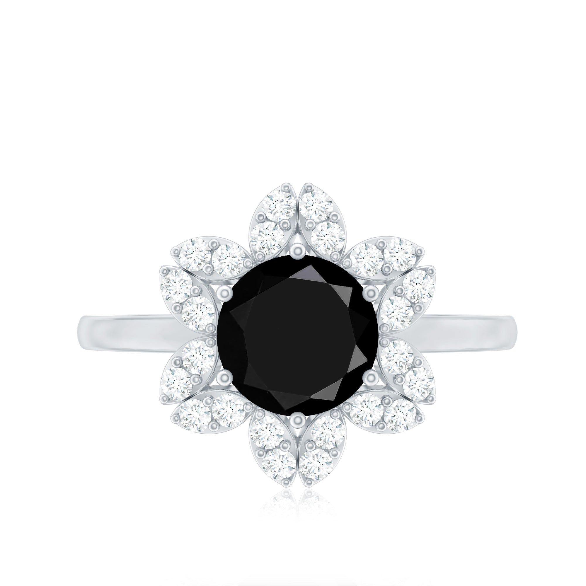 Genuine Round Cut Black Onyx Flower Engagement Ring with Diamonds AAA - Rosec Jewels
