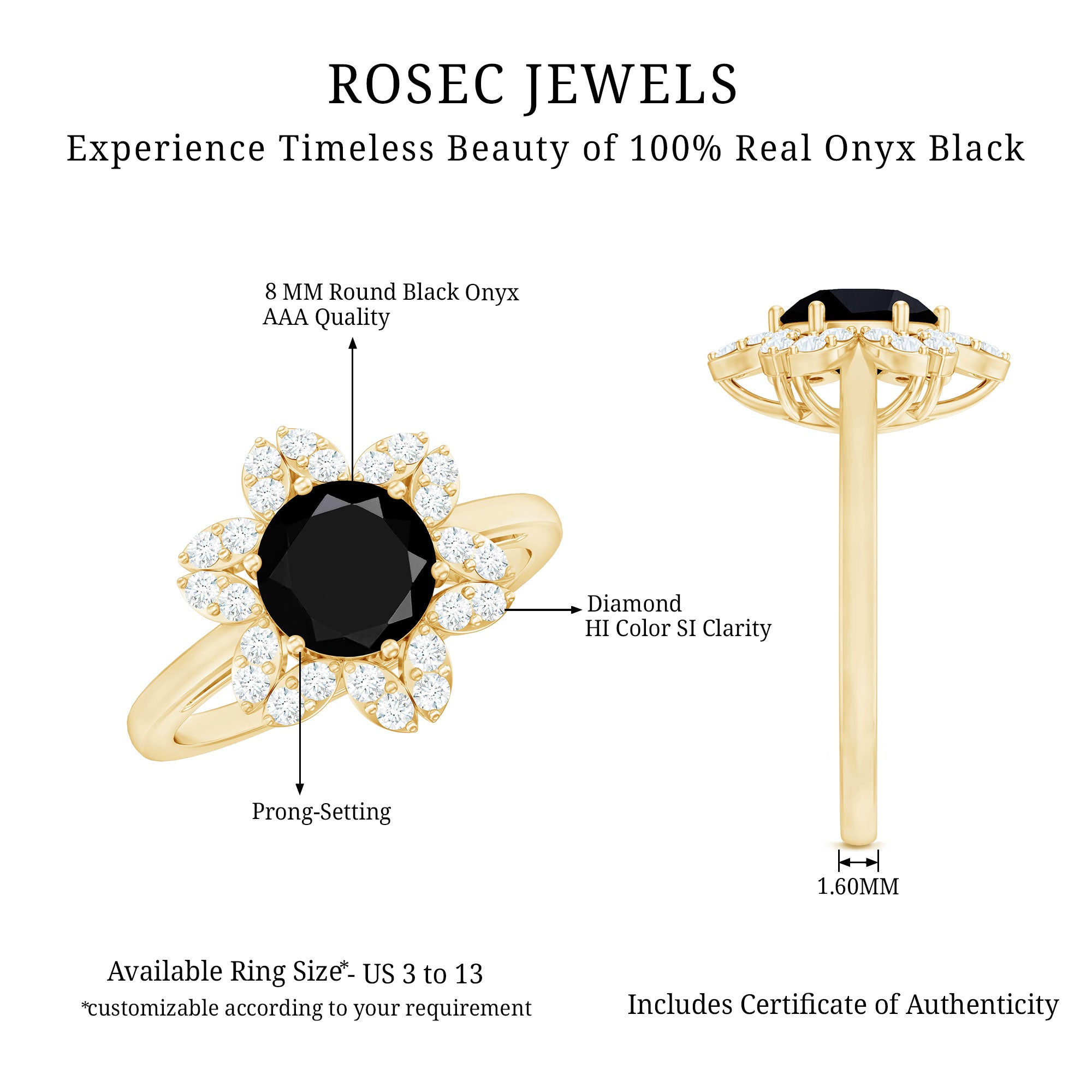Genuine Round Cut Black Onyx Flower Engagement Ring with Diamonds AAA - Rosec Jewels