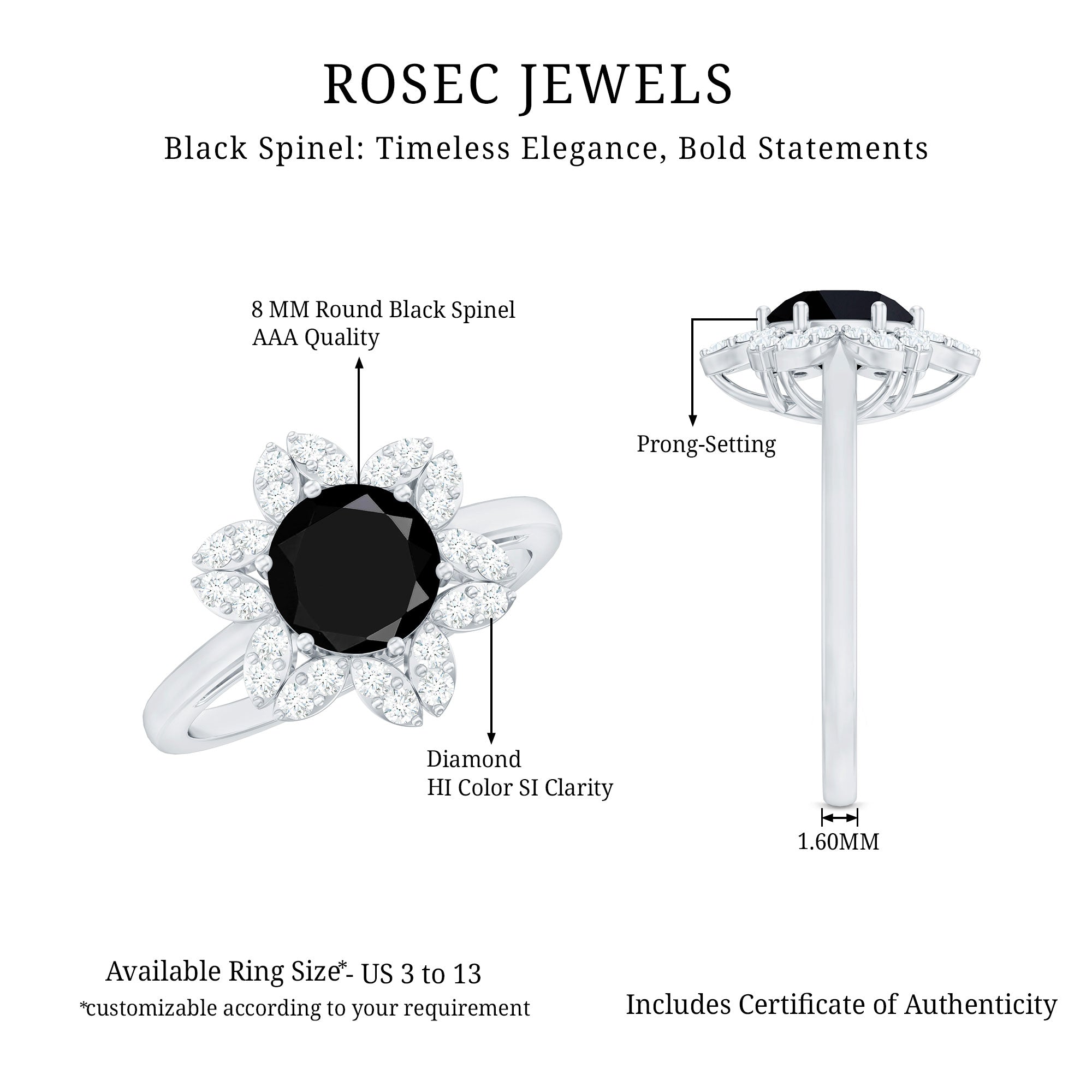 Natural 2.5 Carat Black Spinel Flower Engagement Ring with Diamond AAA - Rosec Jewels