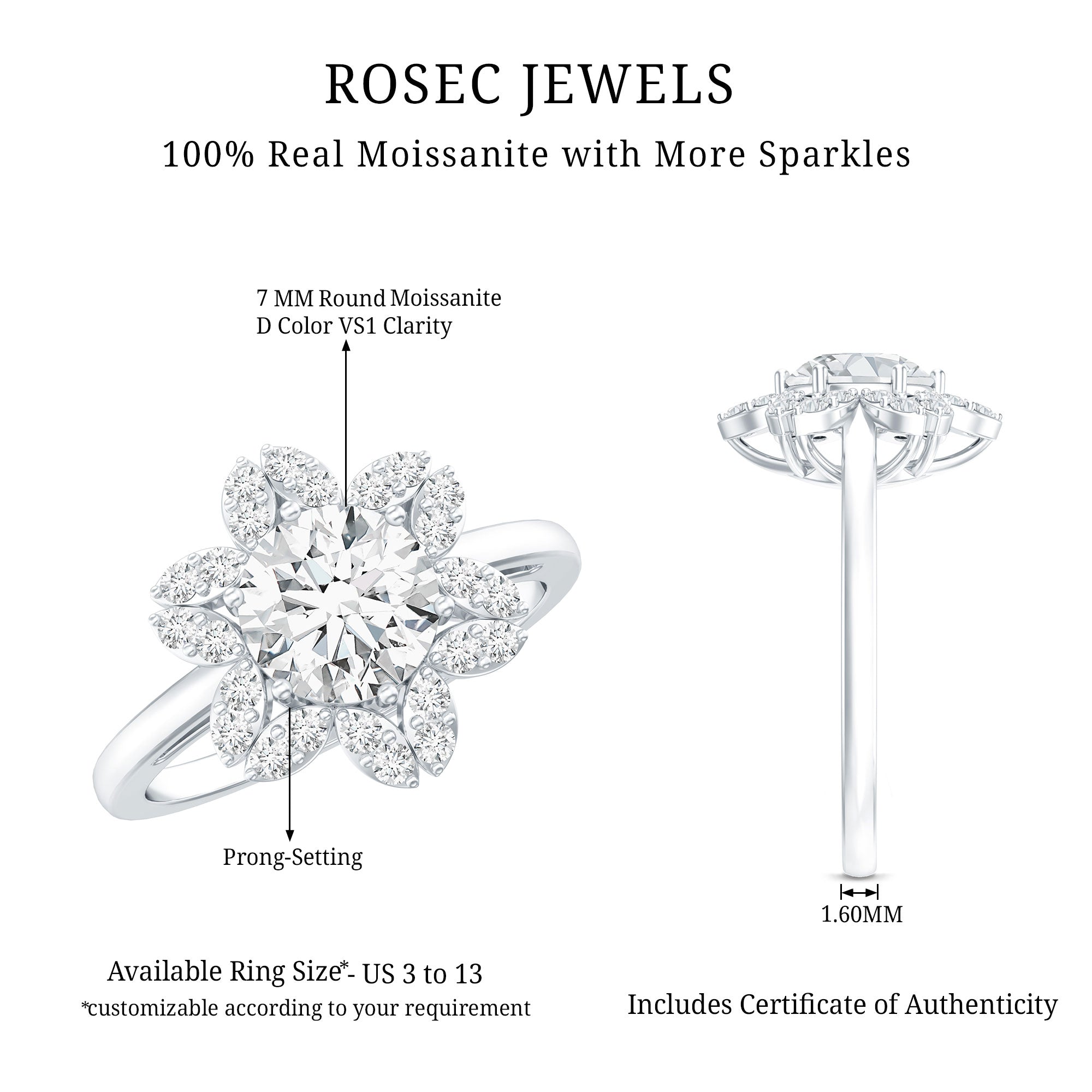 Certified Moissanite Flower Halo Engagement Ring for Women D-VS1 - Rosec Jewels