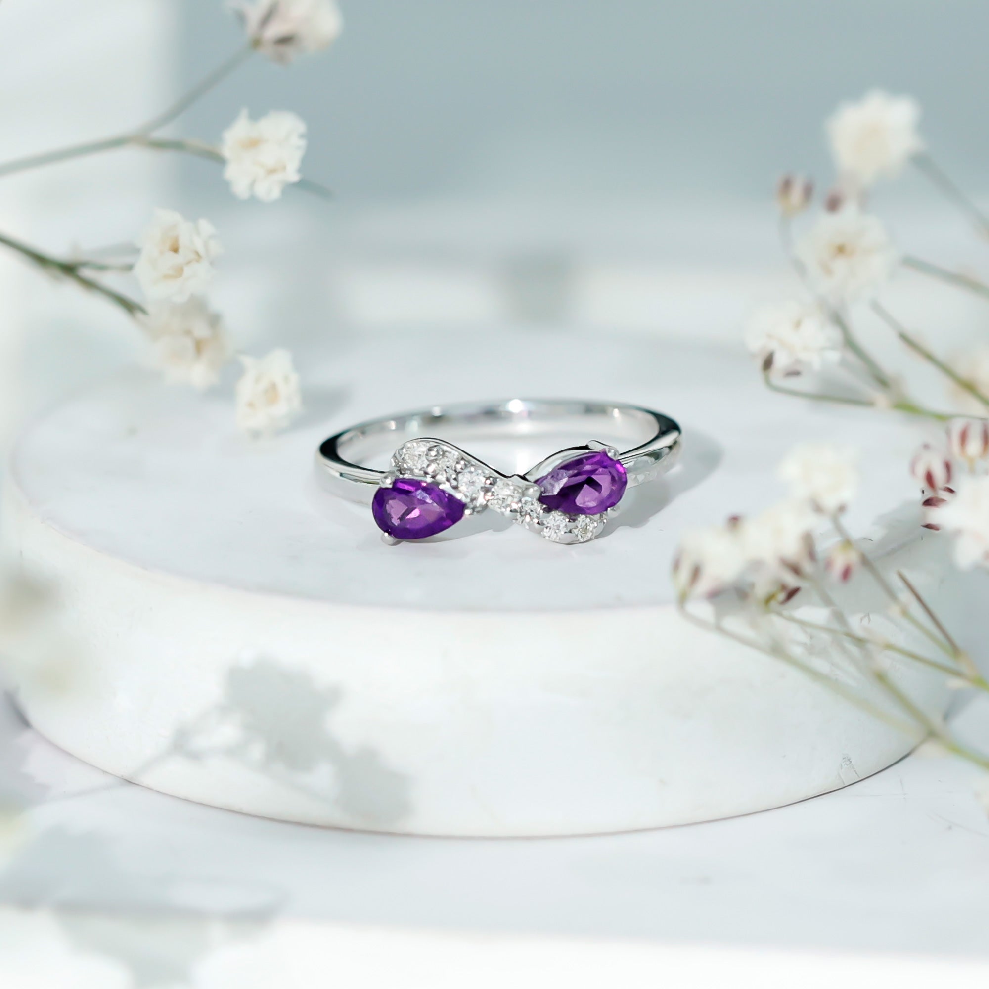 Rosec Jewels-1/2 CT Pear Amethyst Infinity Promise Ring with Diamond