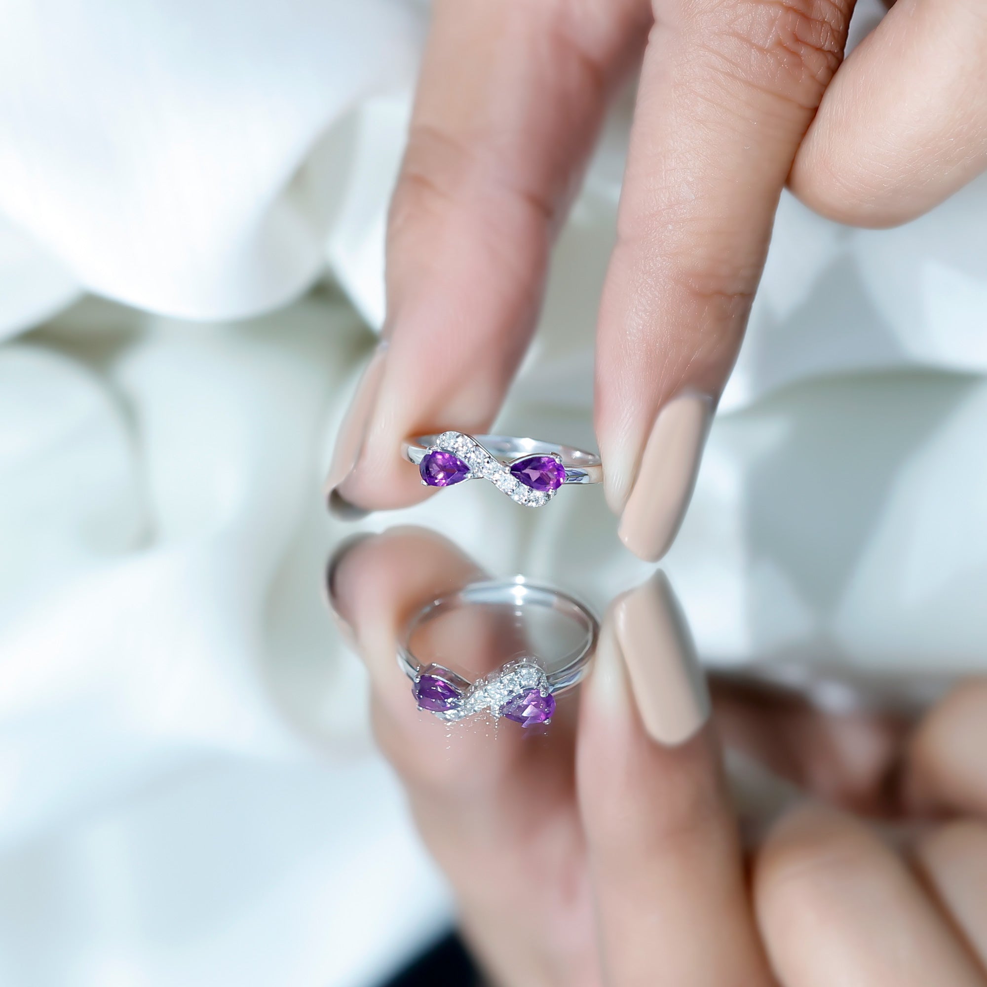 Rosec Jewels-1/2 CT Pear Amethyst Infinity Promise Ring with Diamond