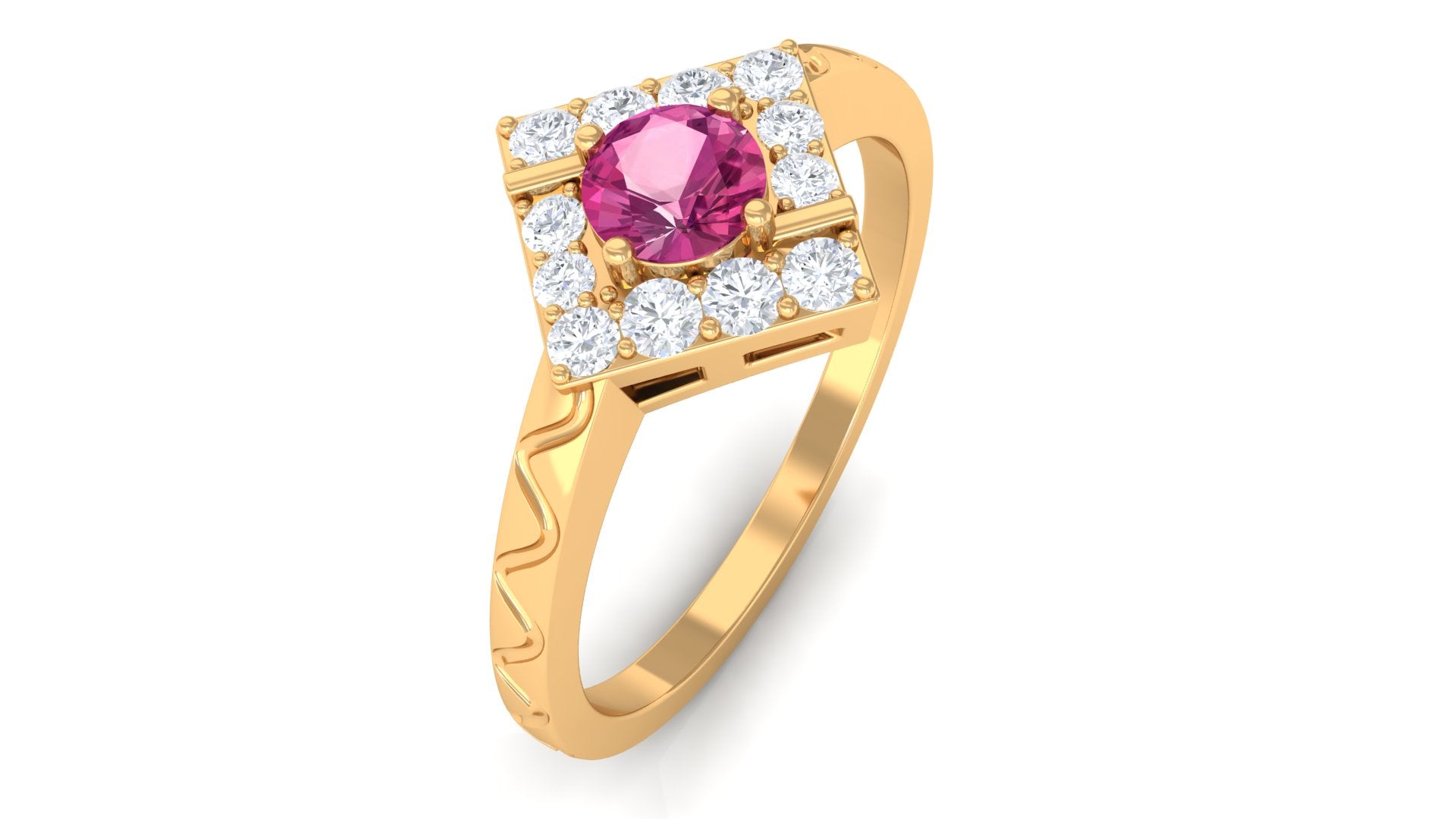Minimal Pink Tourmaline Textured Ring with Diamond AAA - Rosec Jewels