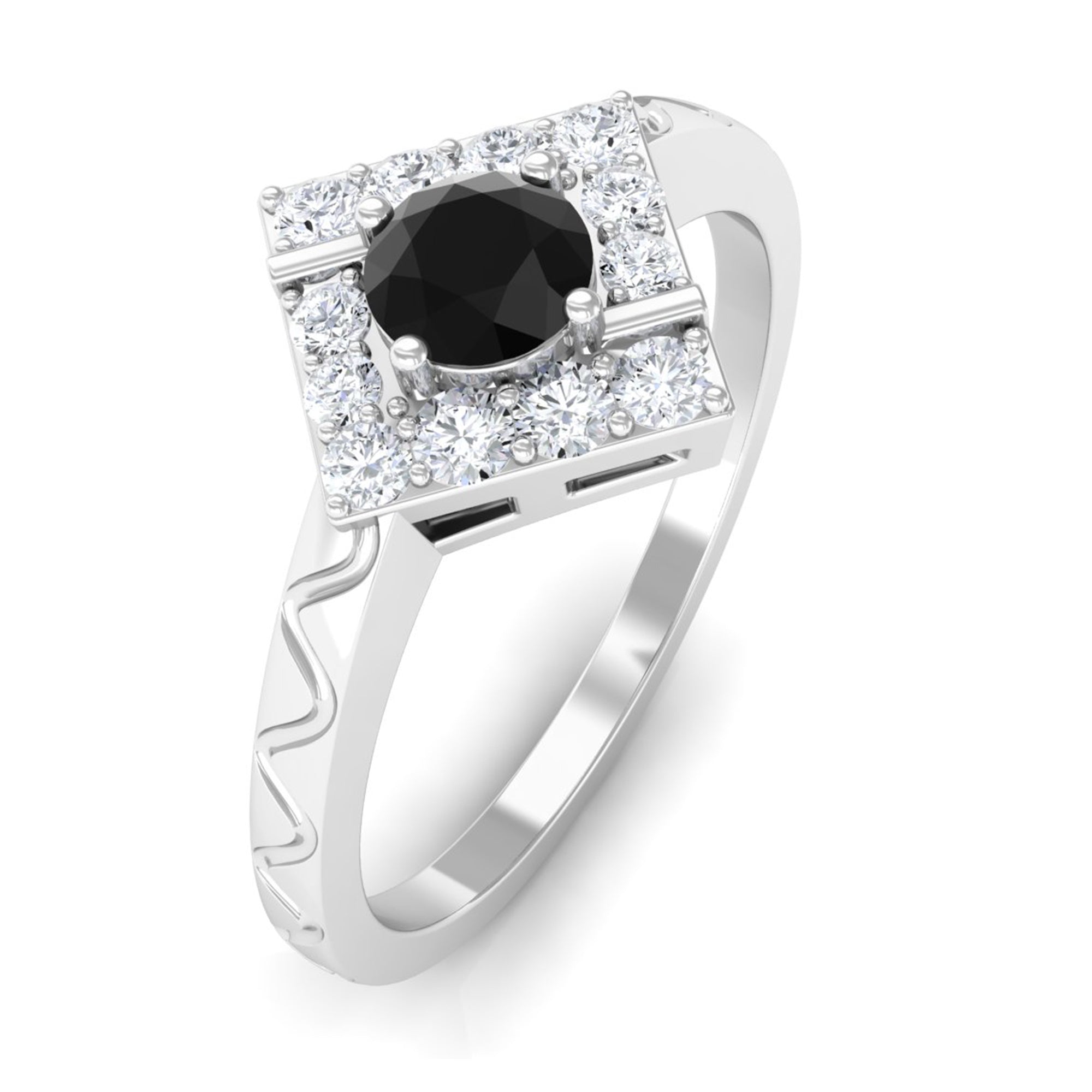 3/4 CT Black Spinel and Diamond Textured Ring AAA - Rosec Jewels
