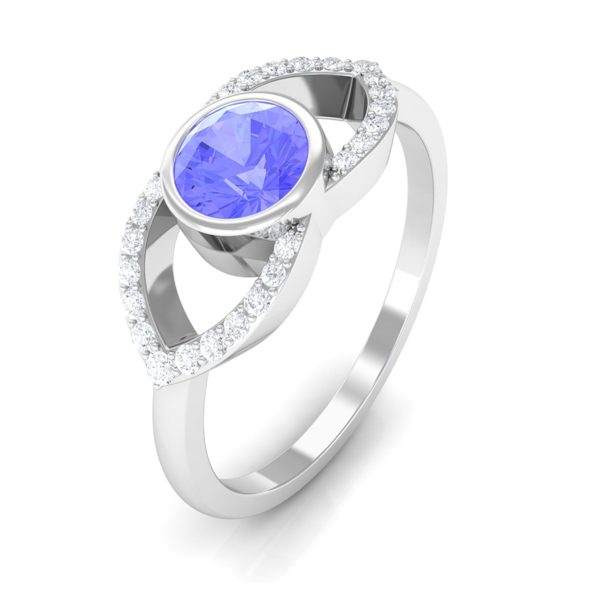 Bezel Set Tanzanite Solitaire Split Shank Ring with Diamond AAA - Rosec Jewels