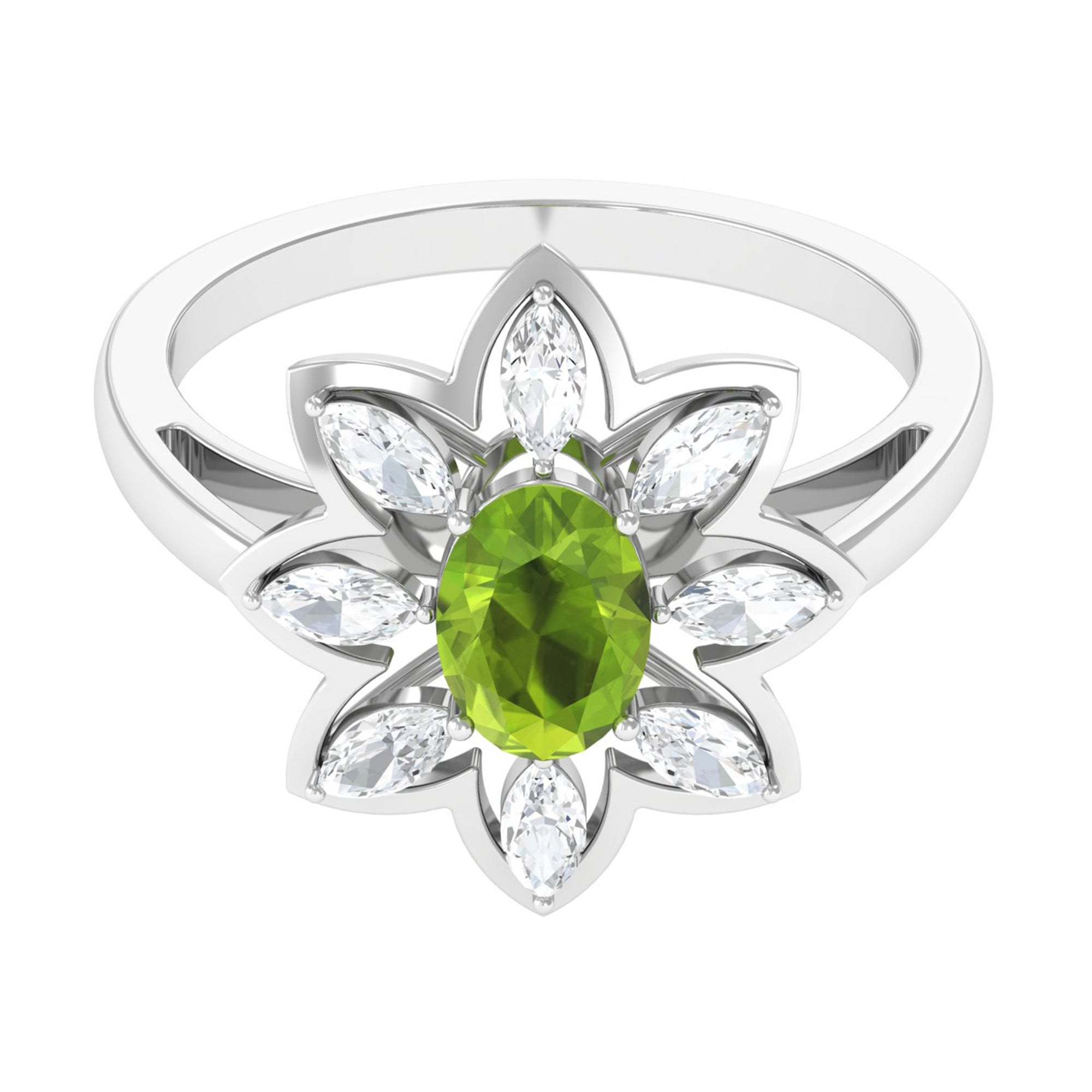 Oval Cut Peridot and Diamond Flower Engagement Ring with Certificate AAA - Rosec Jewels