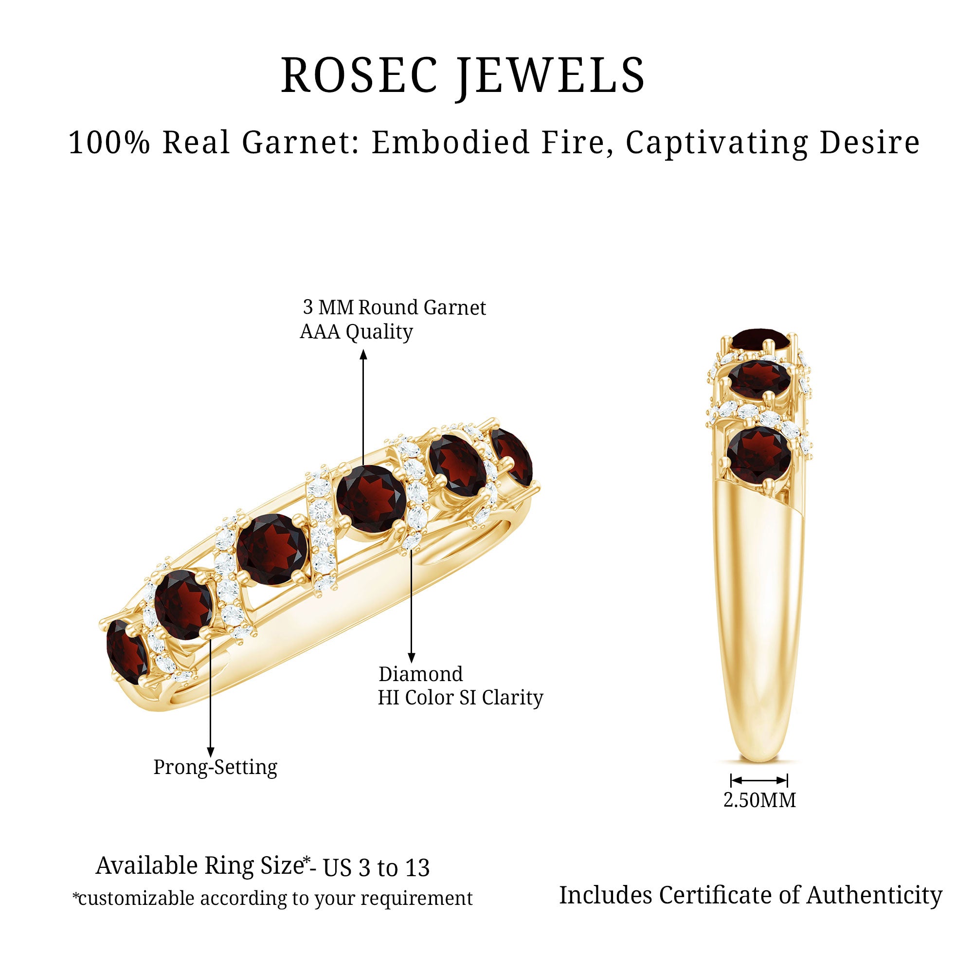 Genuine Red Garnet Diamond Half Eternity Ring for Anniversary AAA - Rosec Jewels