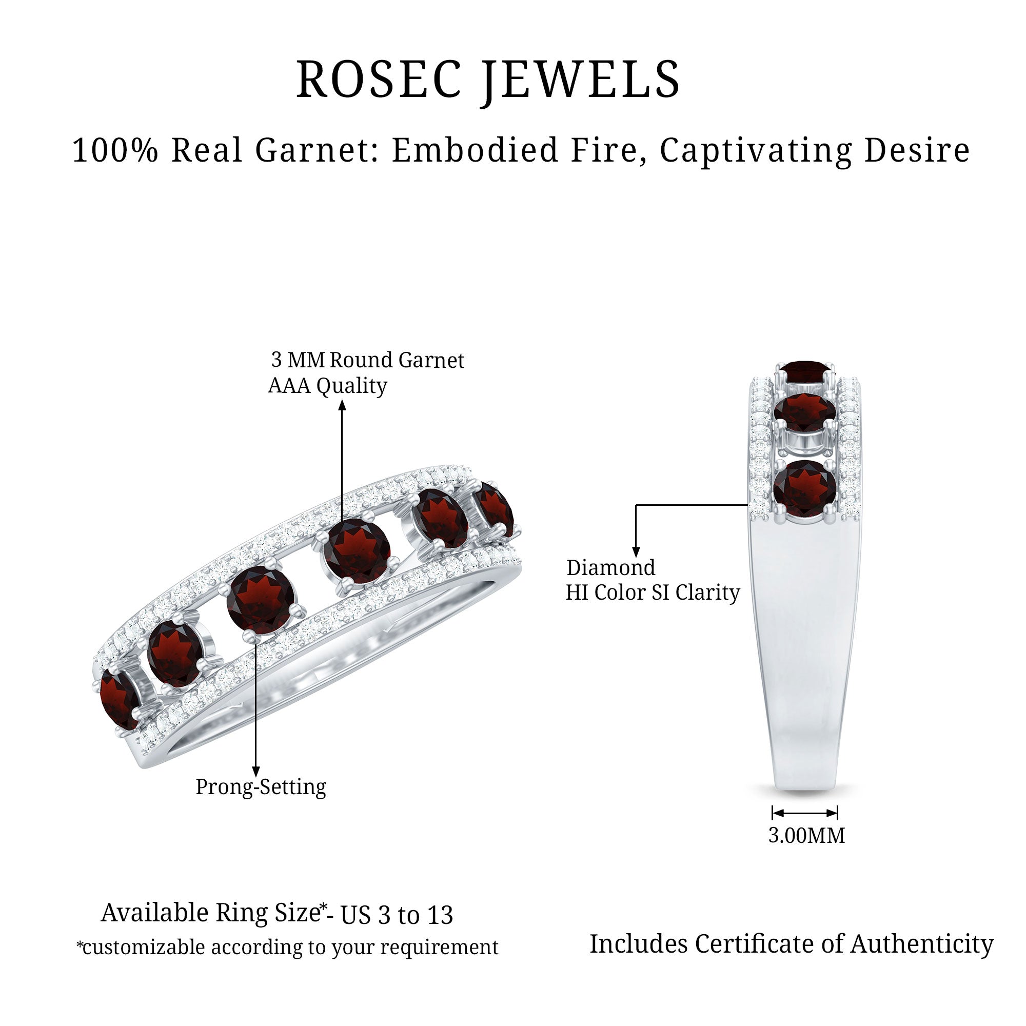 Natural Garnet Half Eternity Band with Diamond AAA - Rosec Jewels