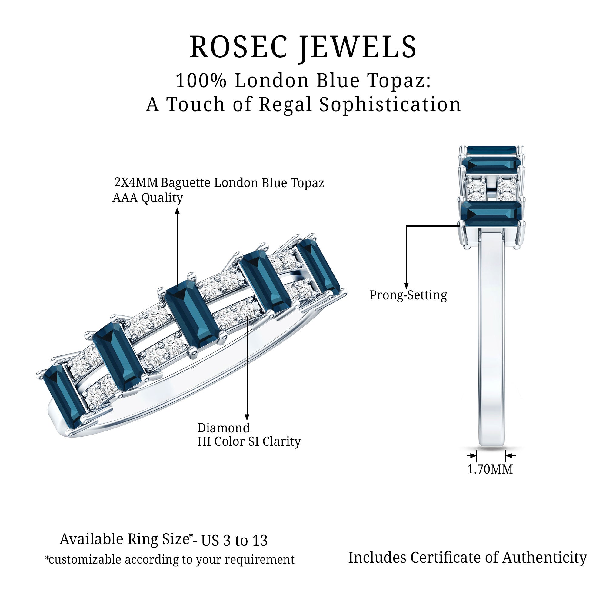 Baguette London Blue Topaz Half Eternity Band with Diamond AAA - Rosec Jewels