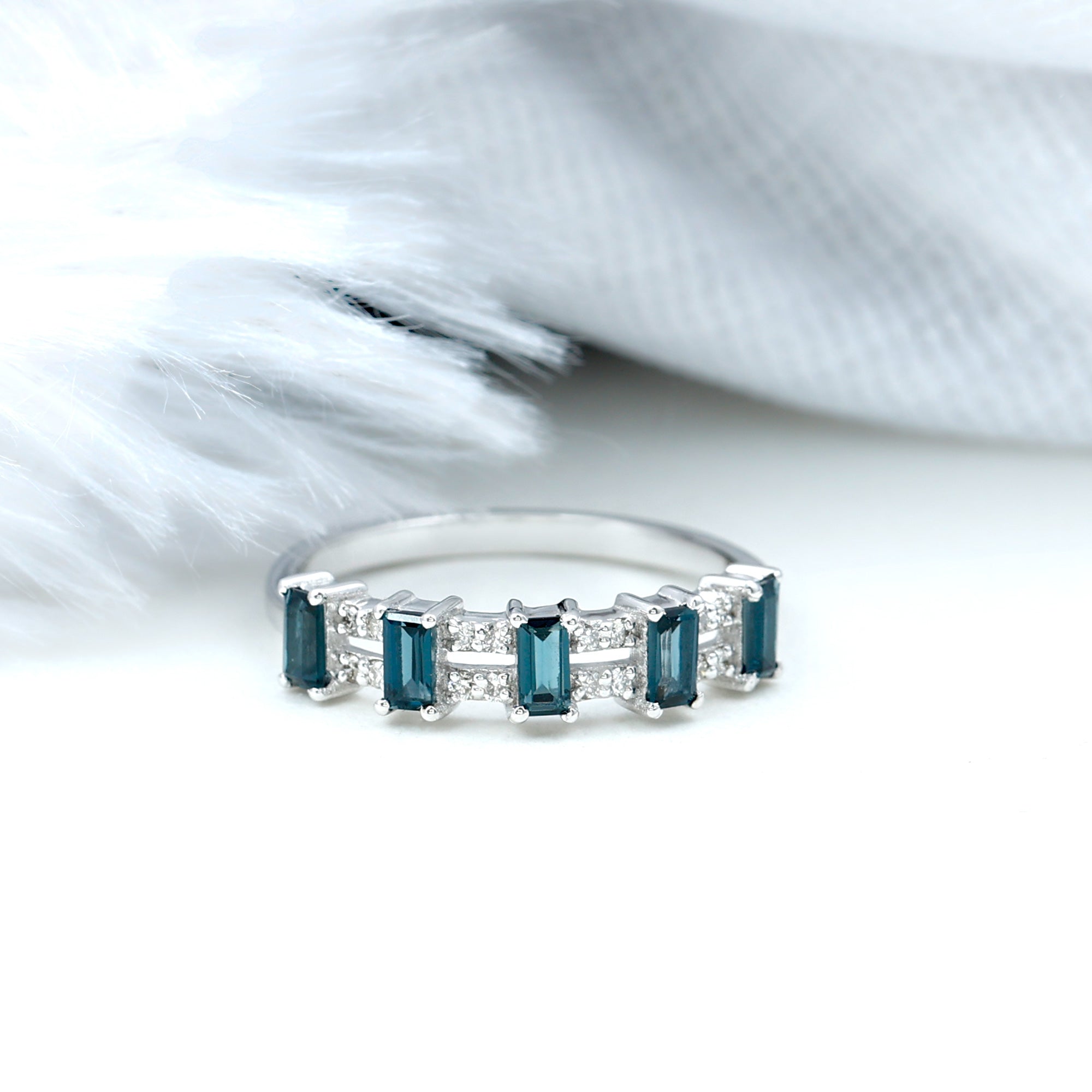 Baguette London Blue Topaz Half Eternity Band with Diamond AAA - Rosec Jewels