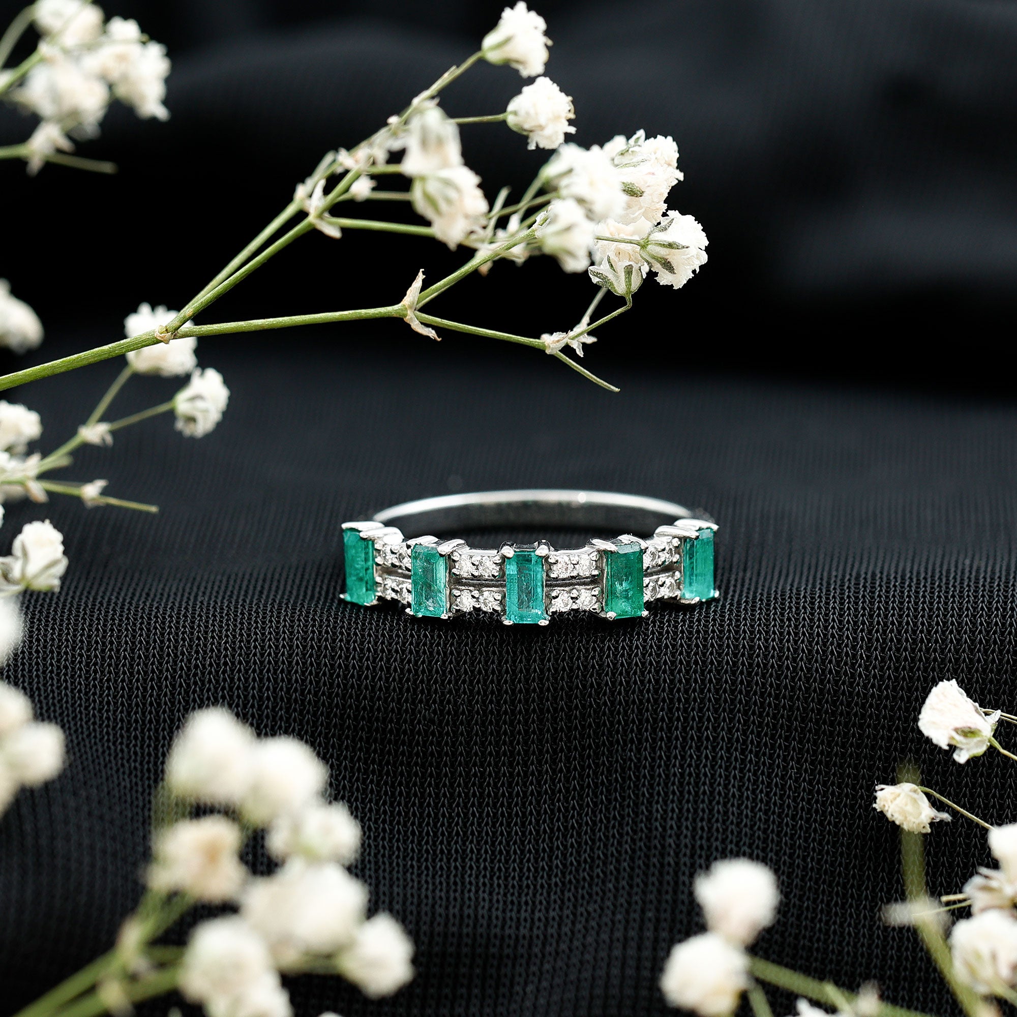 Baguette Cut Emerald and Diamond Half Eternity Band AAA - Rosec Jewels