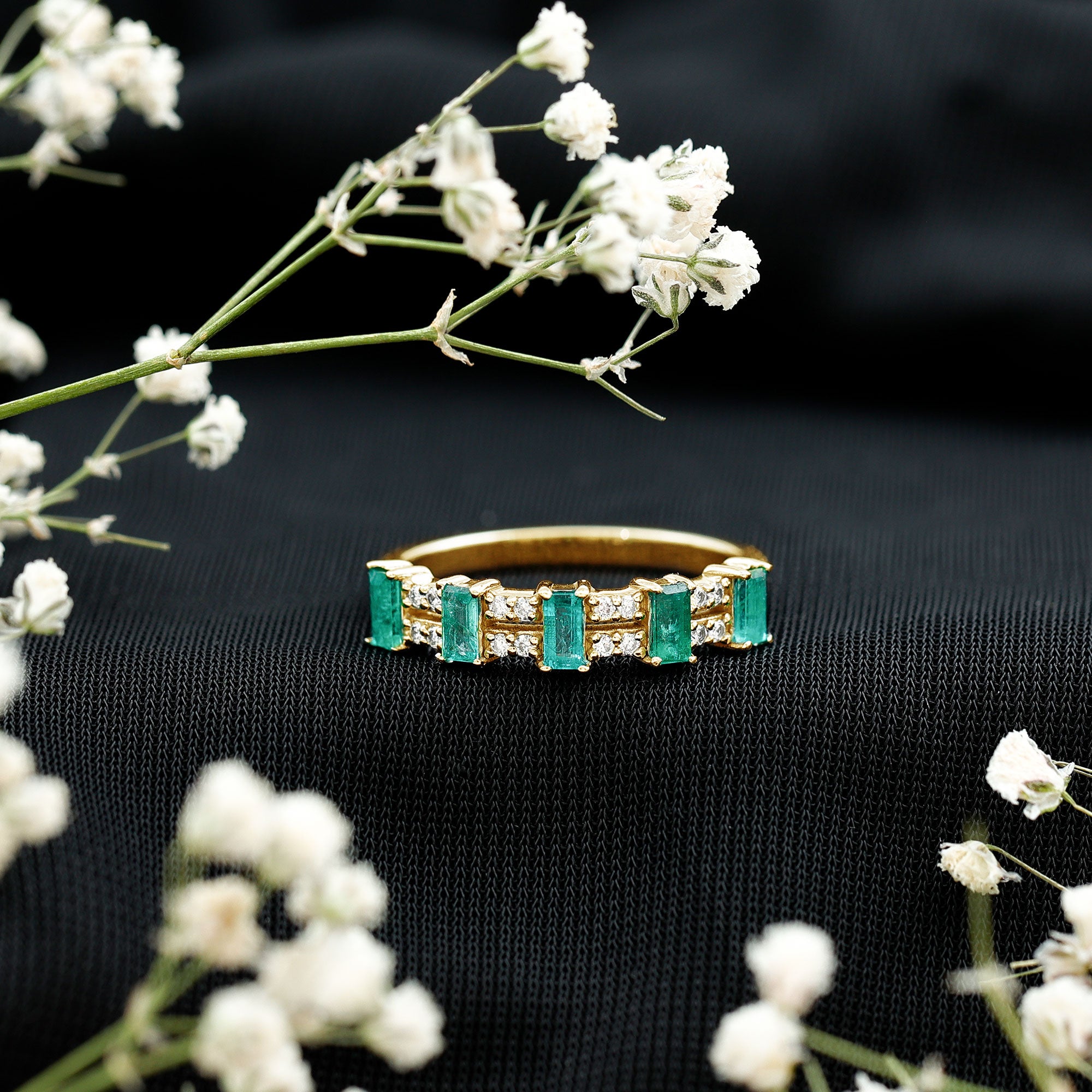 Baguette Cut Emerald and Diamond Half Eternity Band AAA - Rosec Jewels