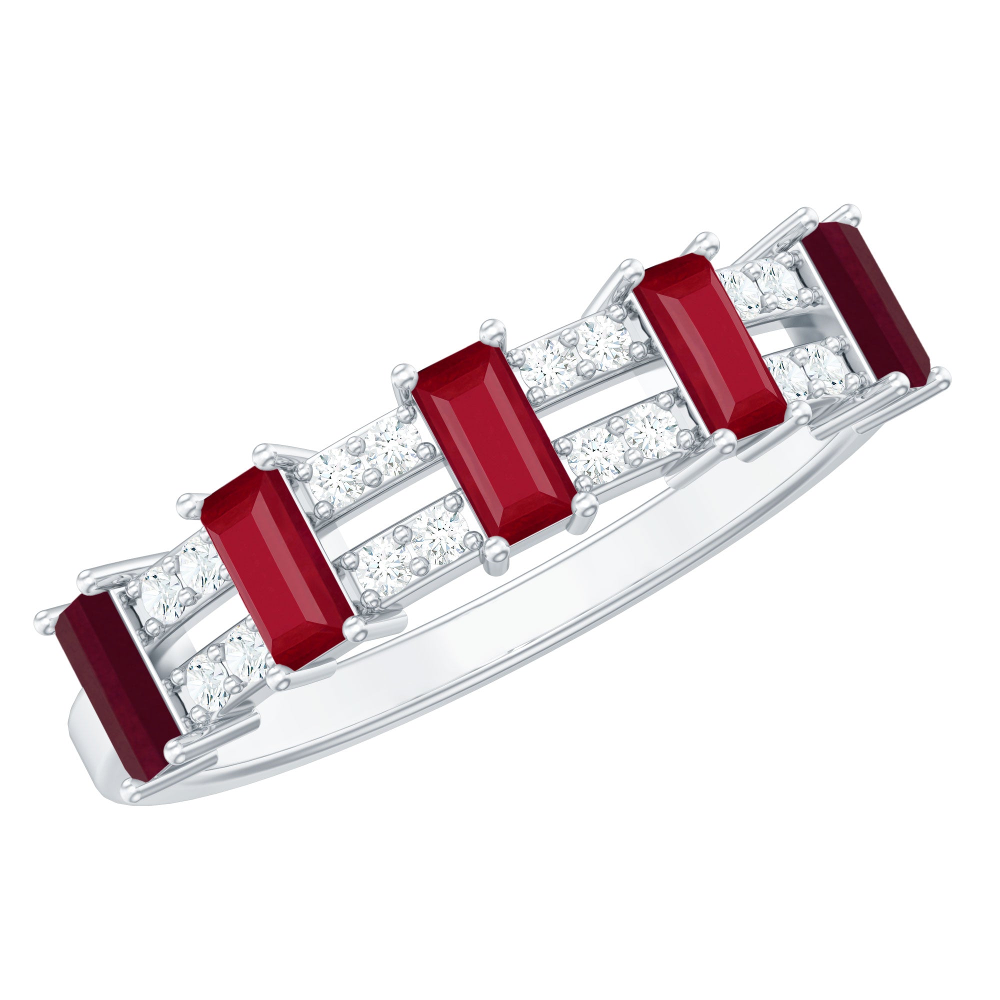 Real Baguette Ruby Half Eternity Band Ring with Diamond AAA - Rosec Jewels