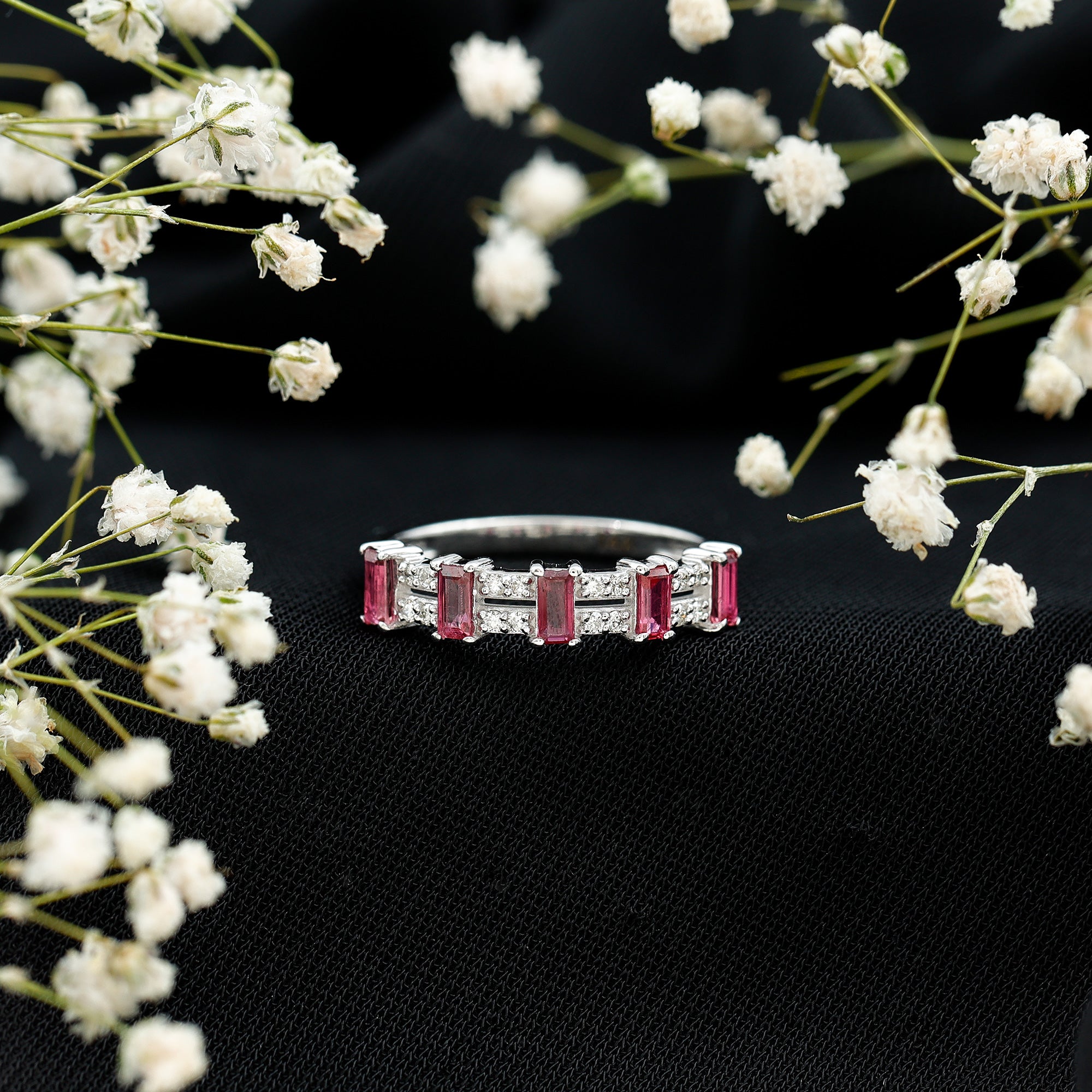 Real Baguette Ruby Half Eternity Band Ring with Diamond AAA - Rosec Jewels