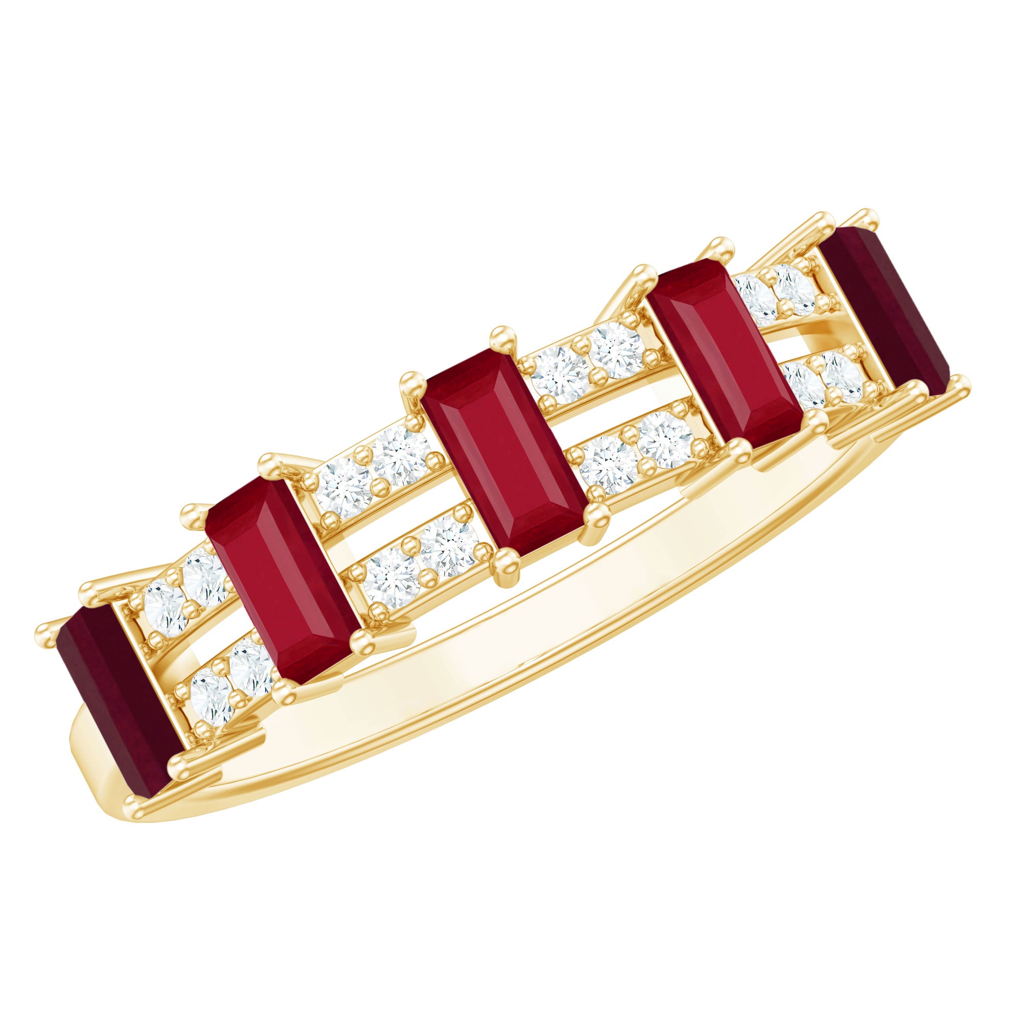 Real Baguette Ruby Half Eternity Band Ring with Diamond AAA - Rosec Jewels