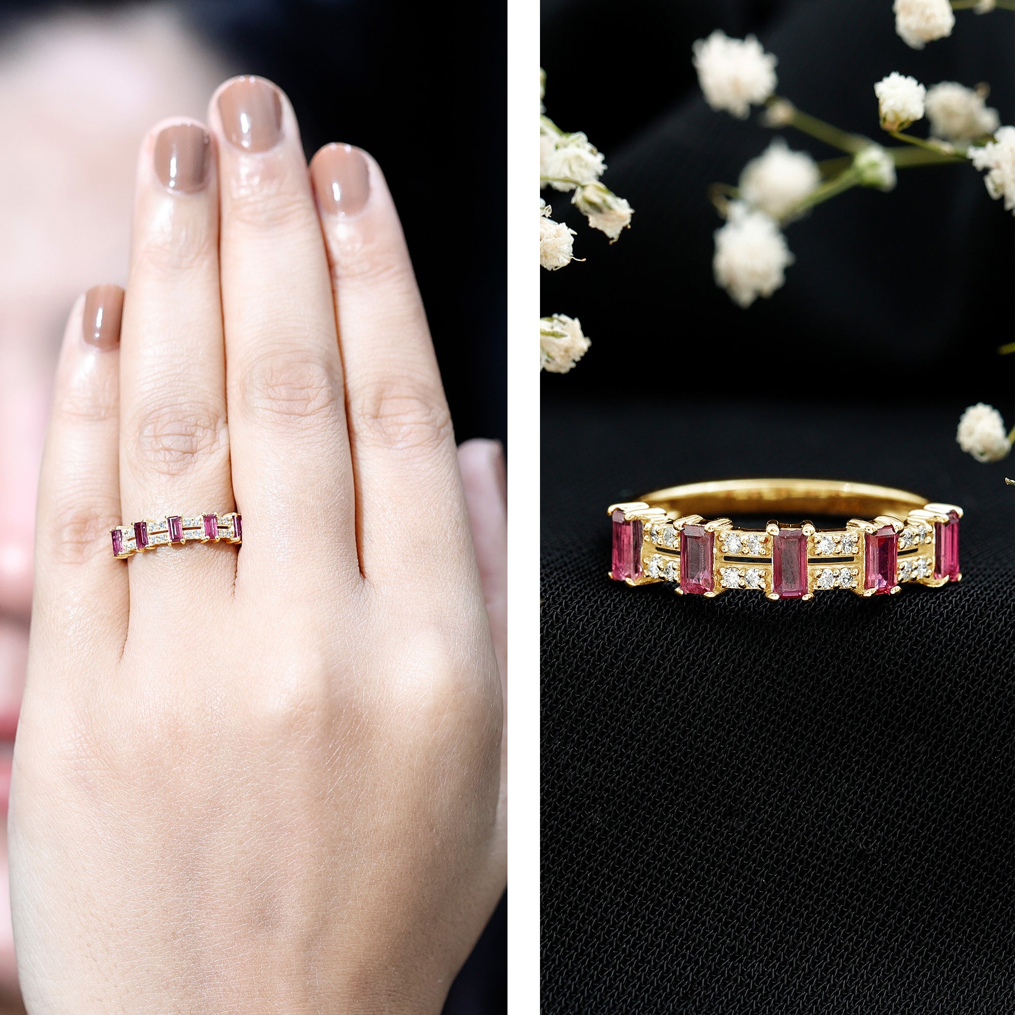 Real Baguette Ruby Half Eternity Band Ring with Diamond AAA - Rosec Jewels