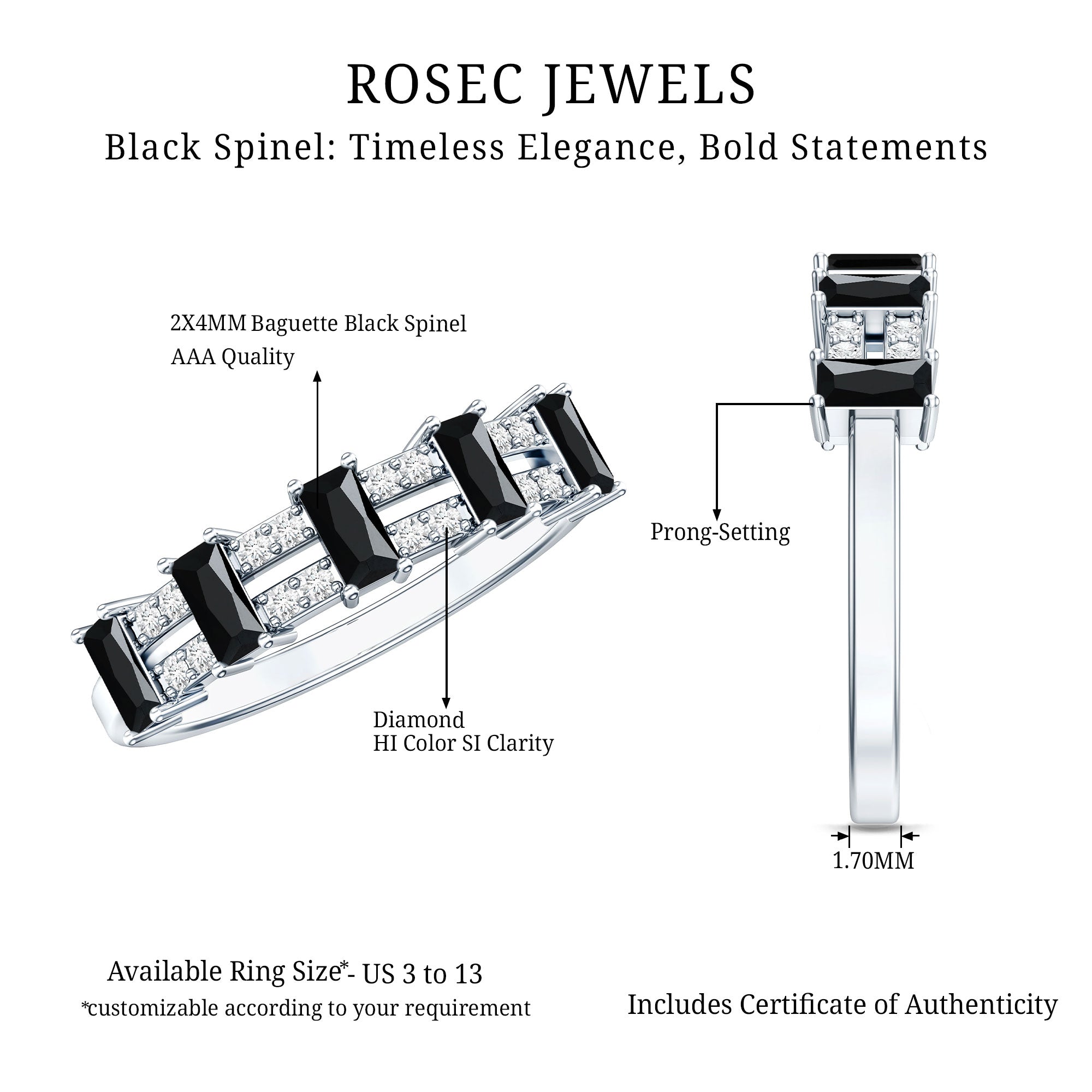 Real Black Spinel and Diamond Wide Band Ring AAA - Rosec Jewels