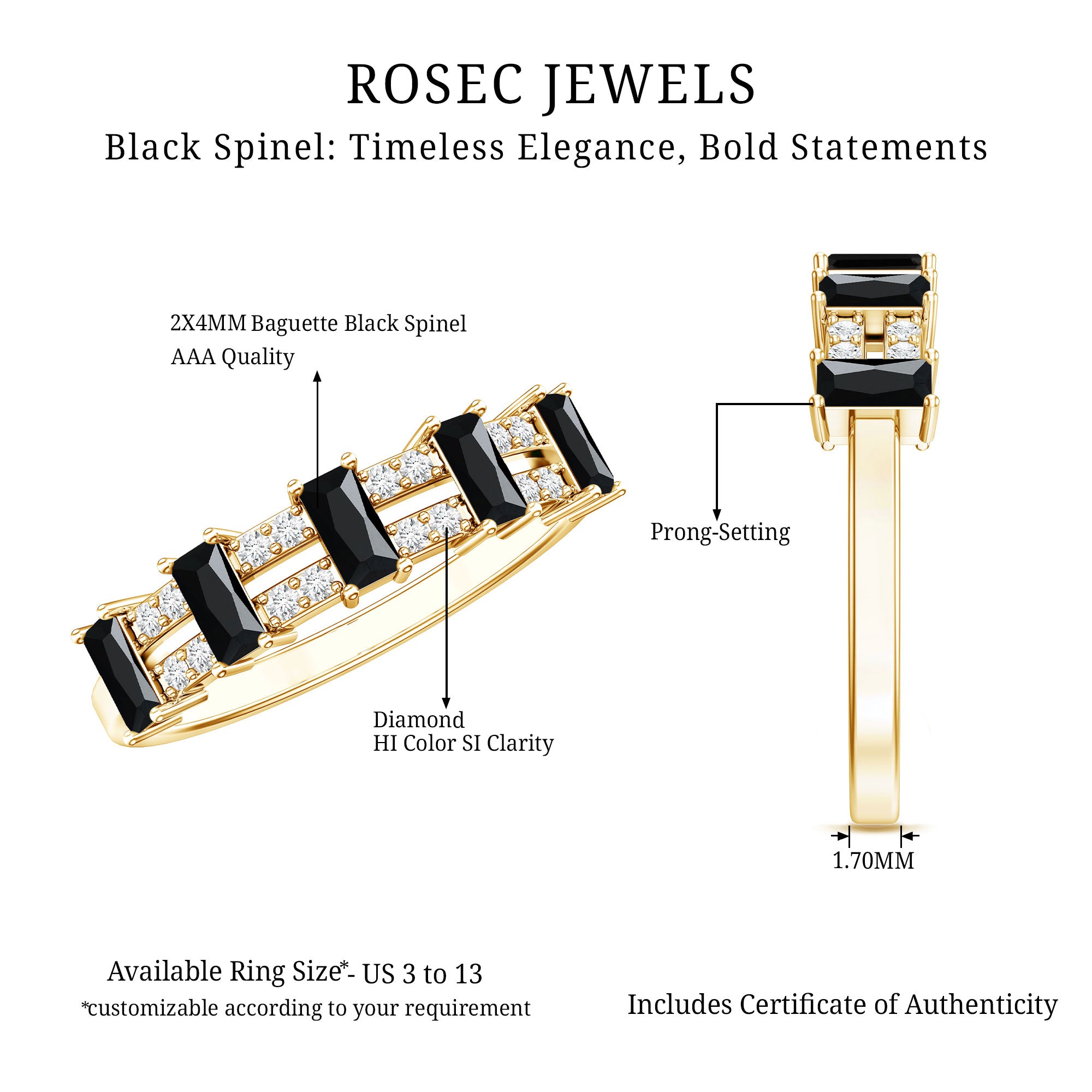 Real Black Spinel and Diamond Wide Band Ring AAA - Rosec Jewels