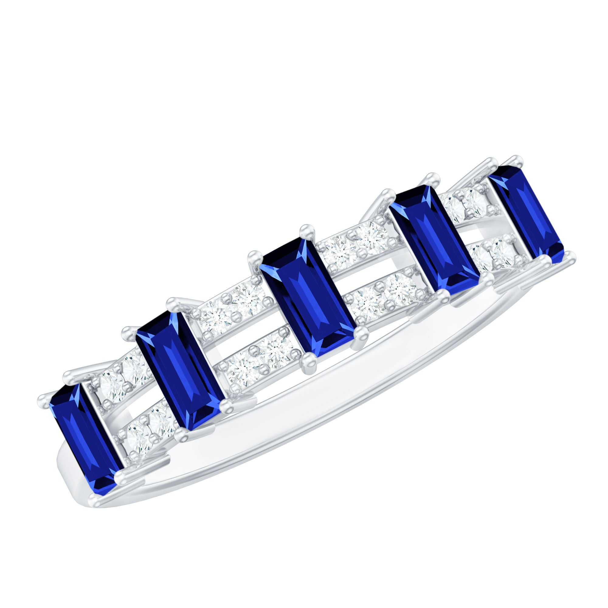 Certified Baguette Lab Grown Blue Sapphire Half Eternity Band Ring with Diamond