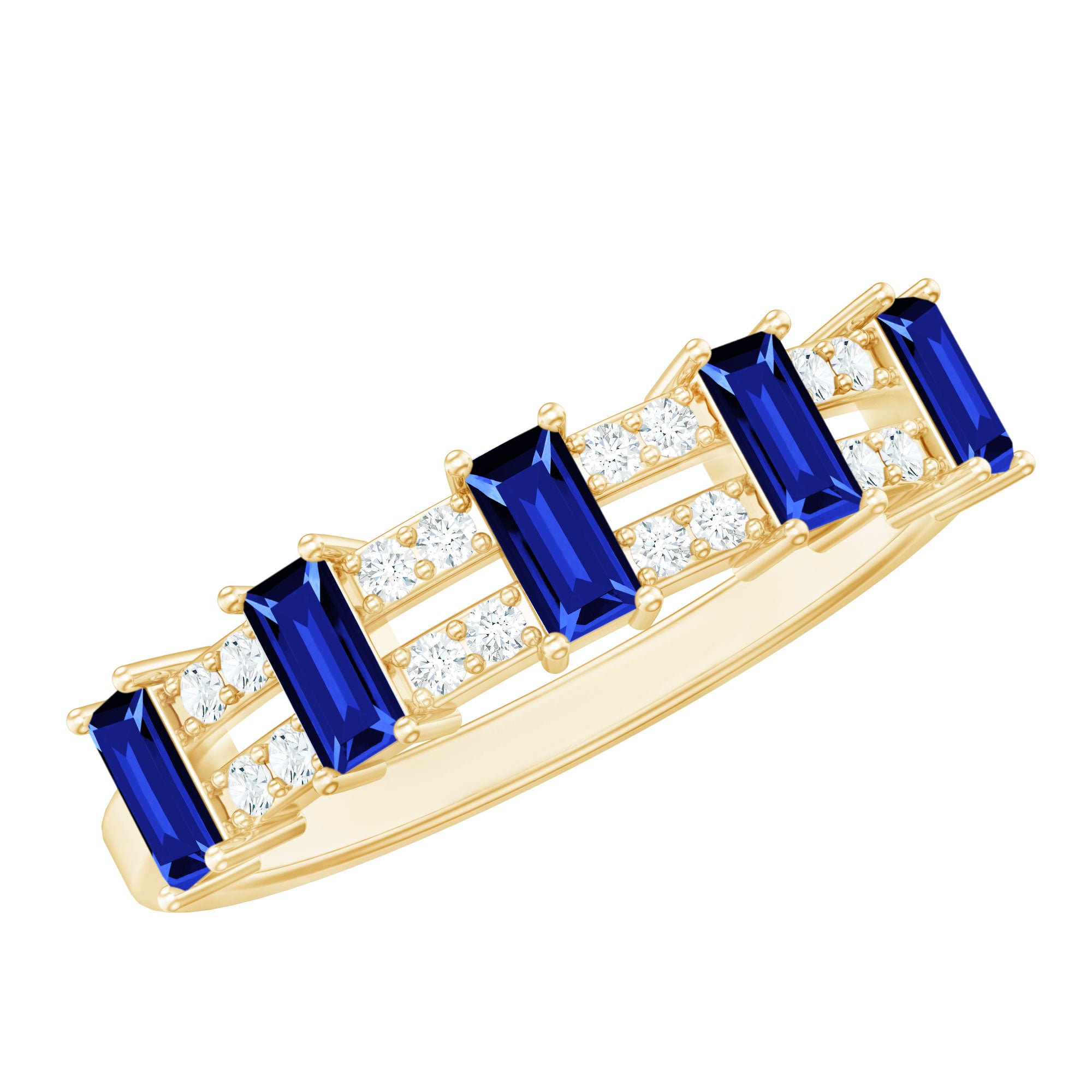 Certified Baguette Lab Grown Blue Sapphire Half Eternity Band Ring with Diamond AAAA - Rosec Jewels