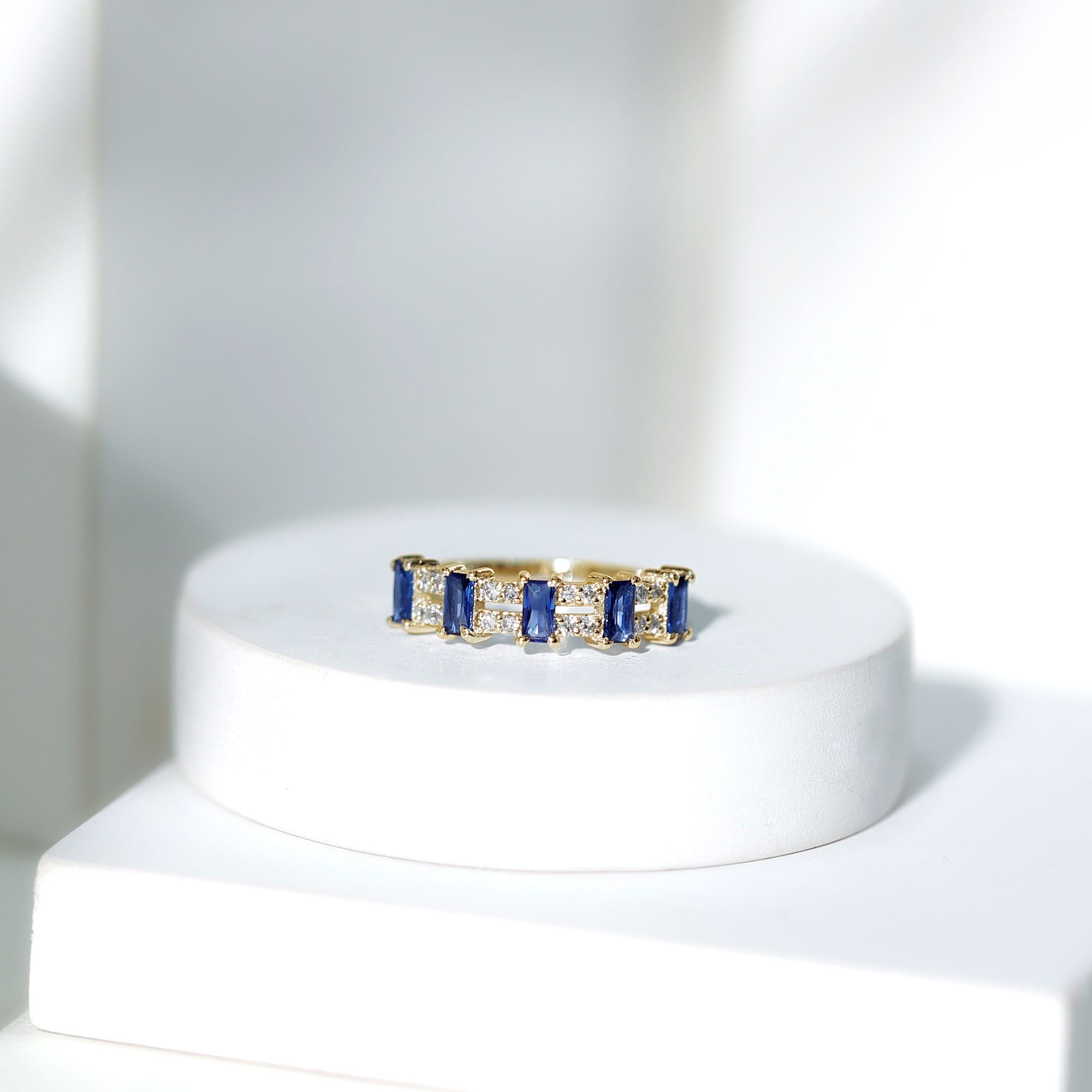 Certified Baguette Lab Grown Blue Sapphire Half Eternity Band Ring with Diamond AAAA - Rosec Jewels