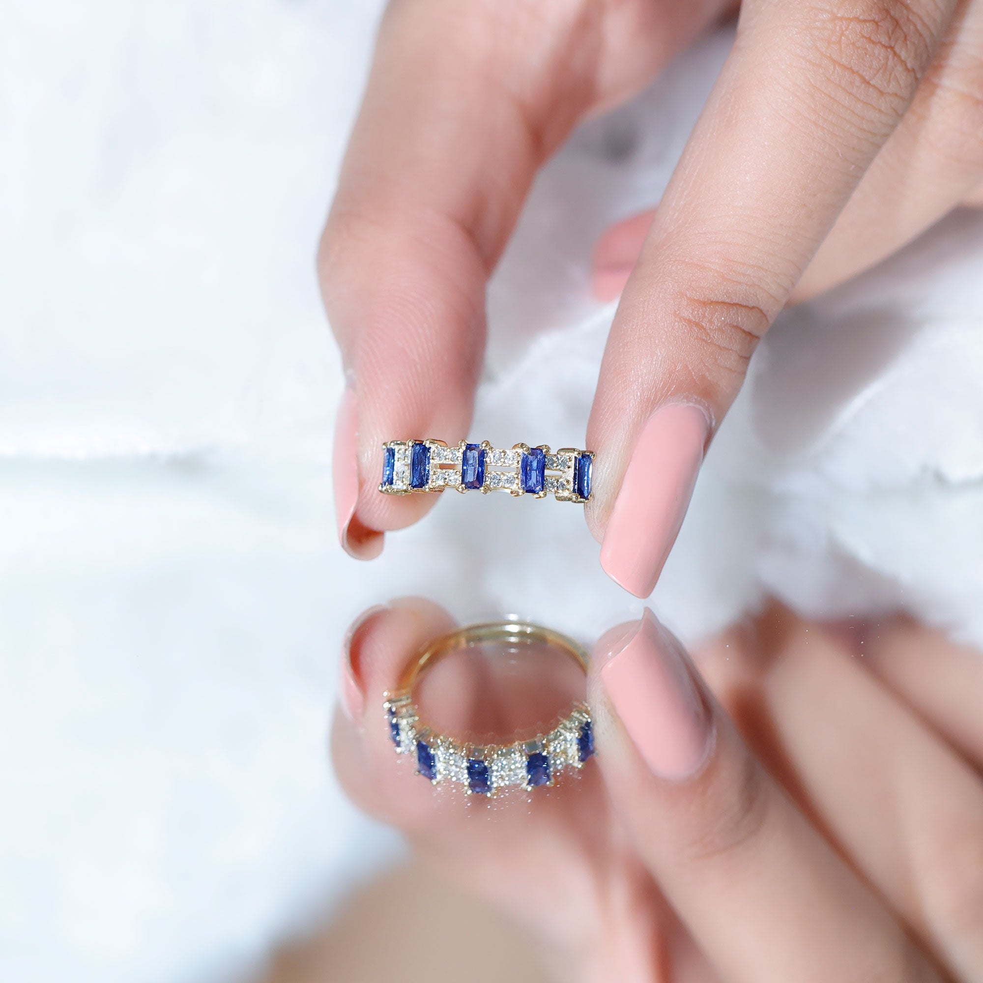 Certified Baguette Lab Grown Blue Sapphire Half Eternity Band Ring with Diamond AAAA - Rosec Jewels