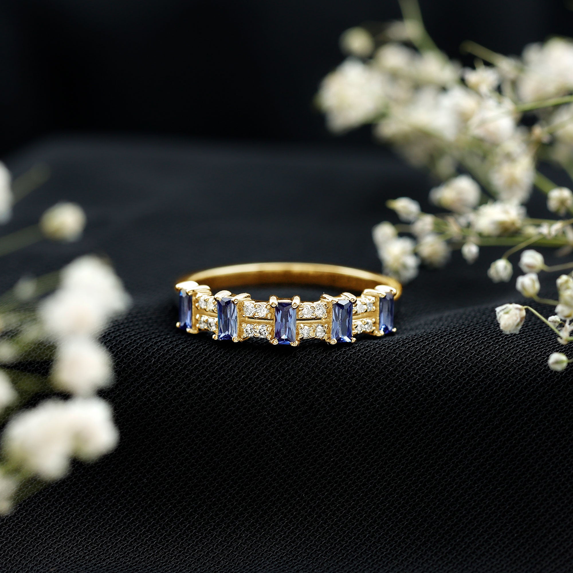 Certified Baguette Lab Grown Blue Sapphire Half Eternity Band Ring with Diamond AAAA - Rosec Jewels