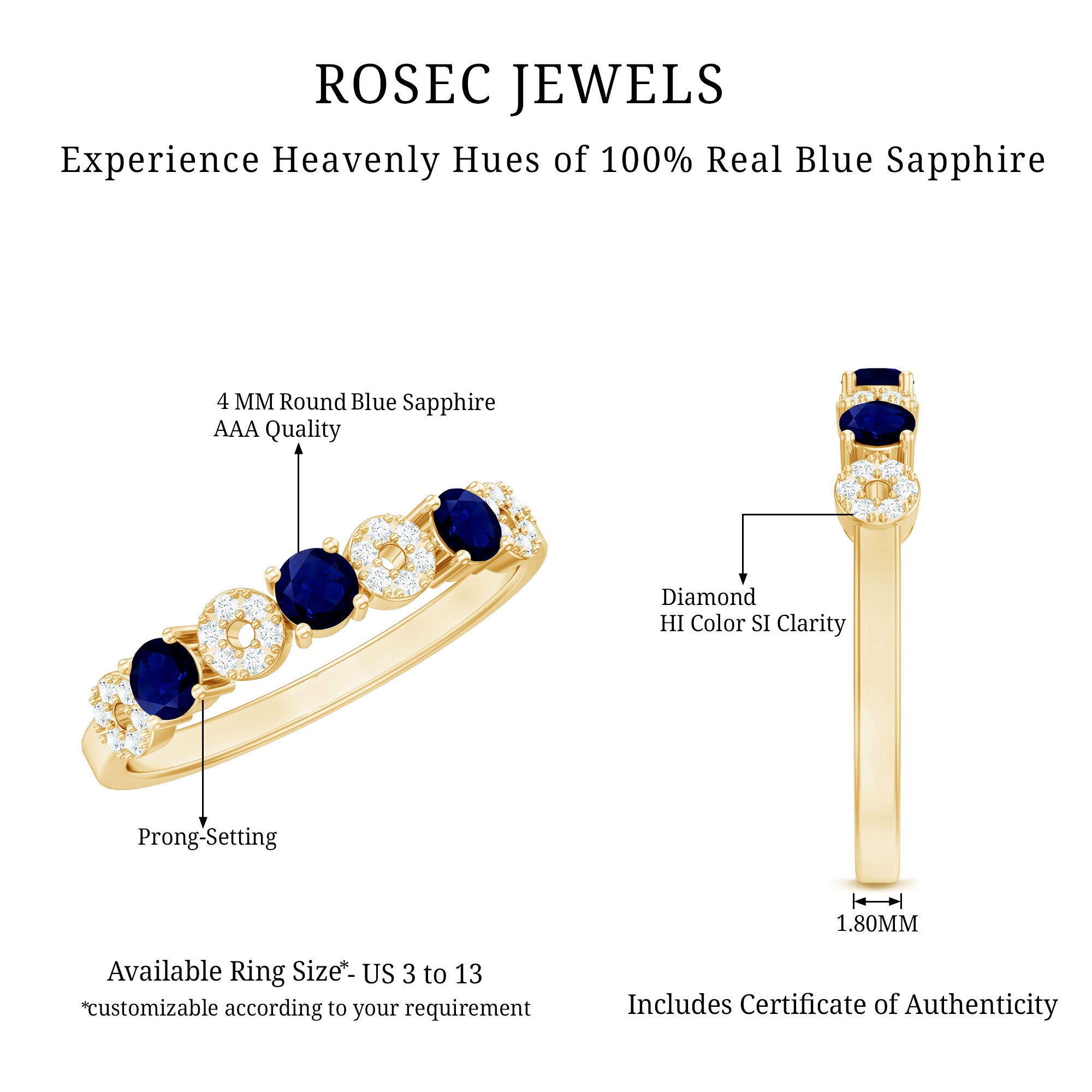 Natural Blue Sapphire Diamond Half Eternity Ring for Women AAA - Rosec Jewels