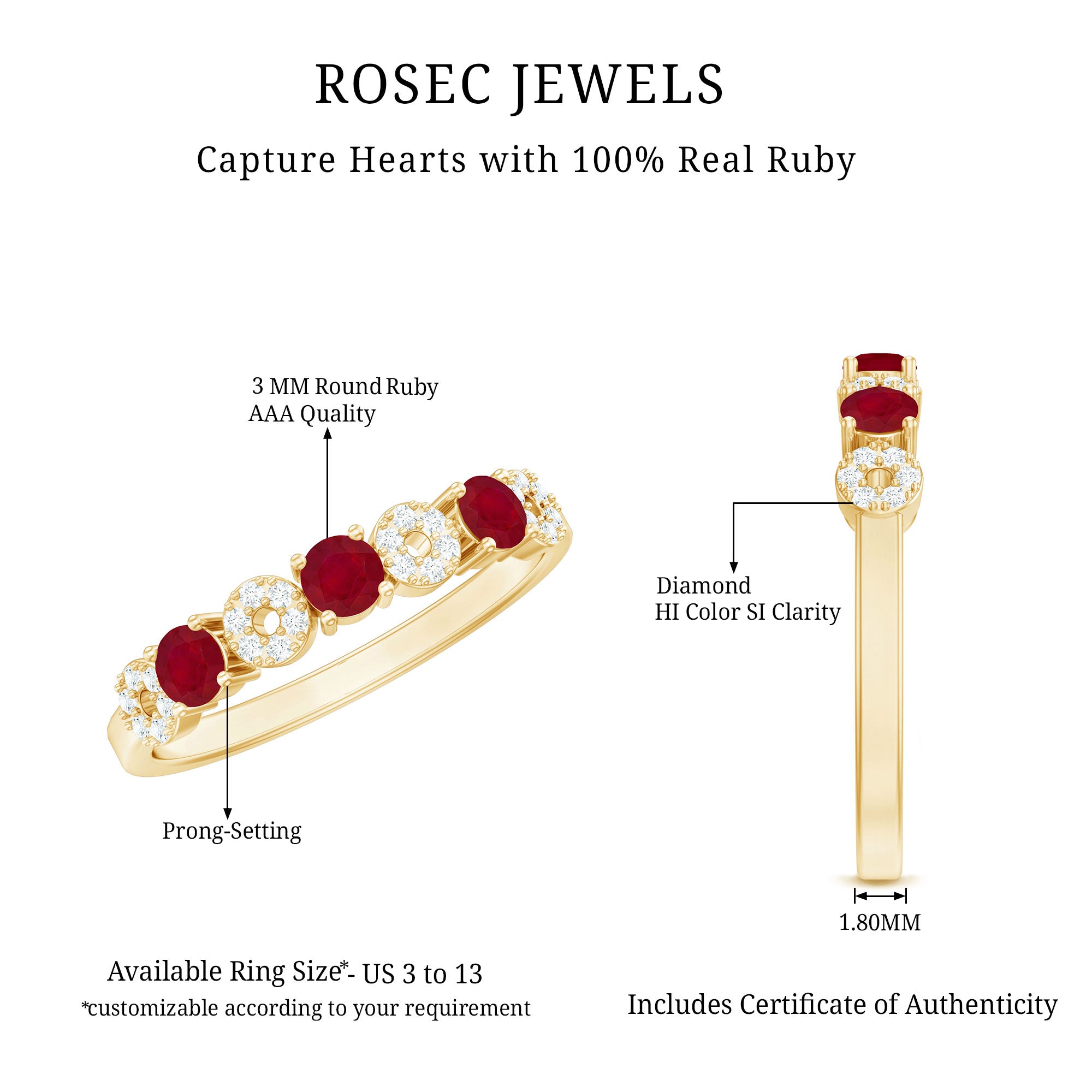 Genuine Ruby Half Eternity Ring with Diamond for Women AAA - Rosec Jewels