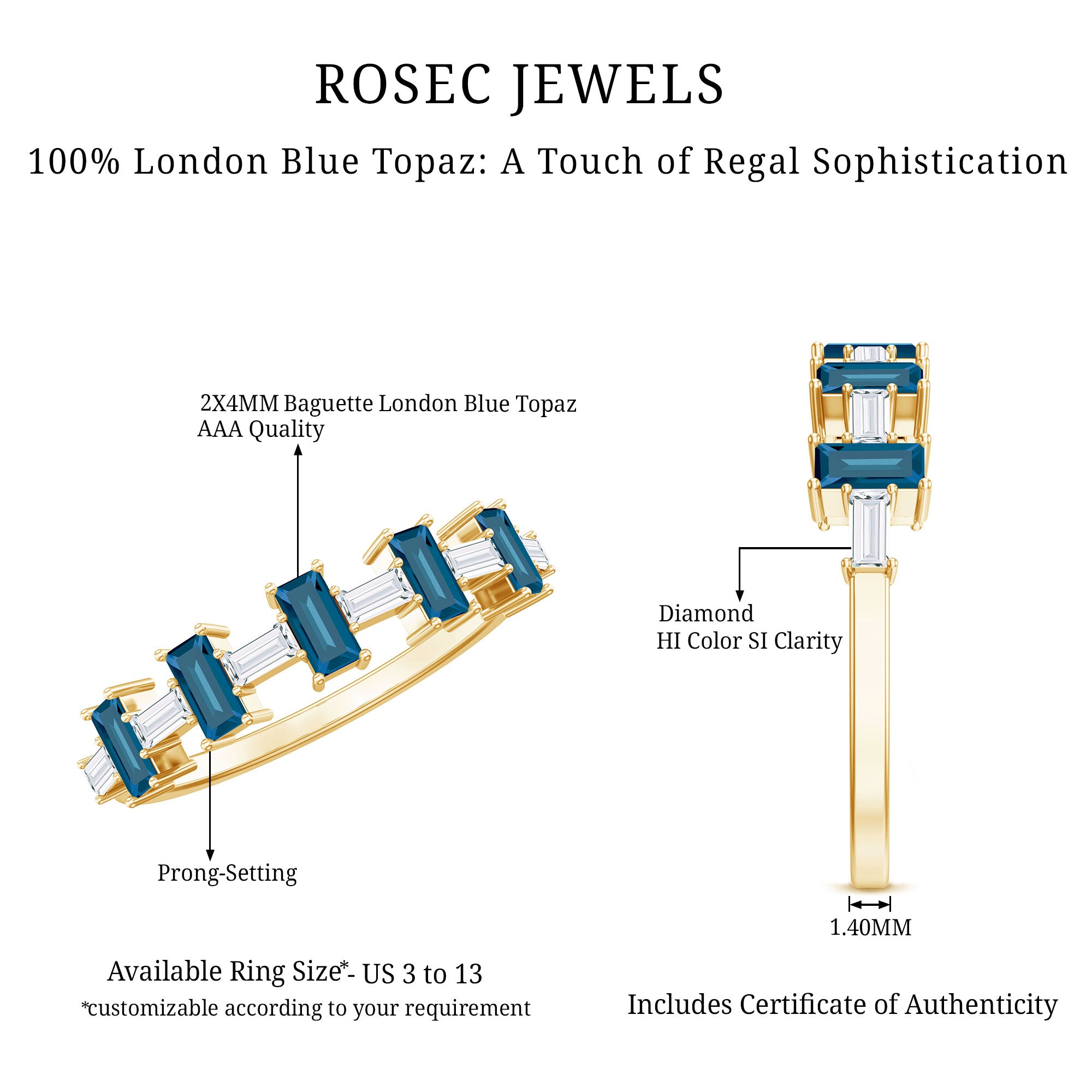 London Blue Topaz and Diamond Baguette Eternity Band Ring AAA - Rosec Jewels