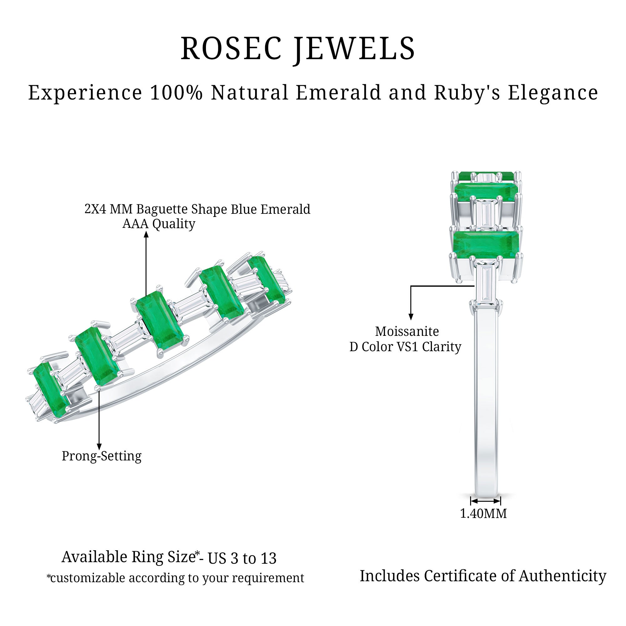 Genuine Baguette Emerald Half Eternity Ring with Moissanite AAA - Rosec Jewels