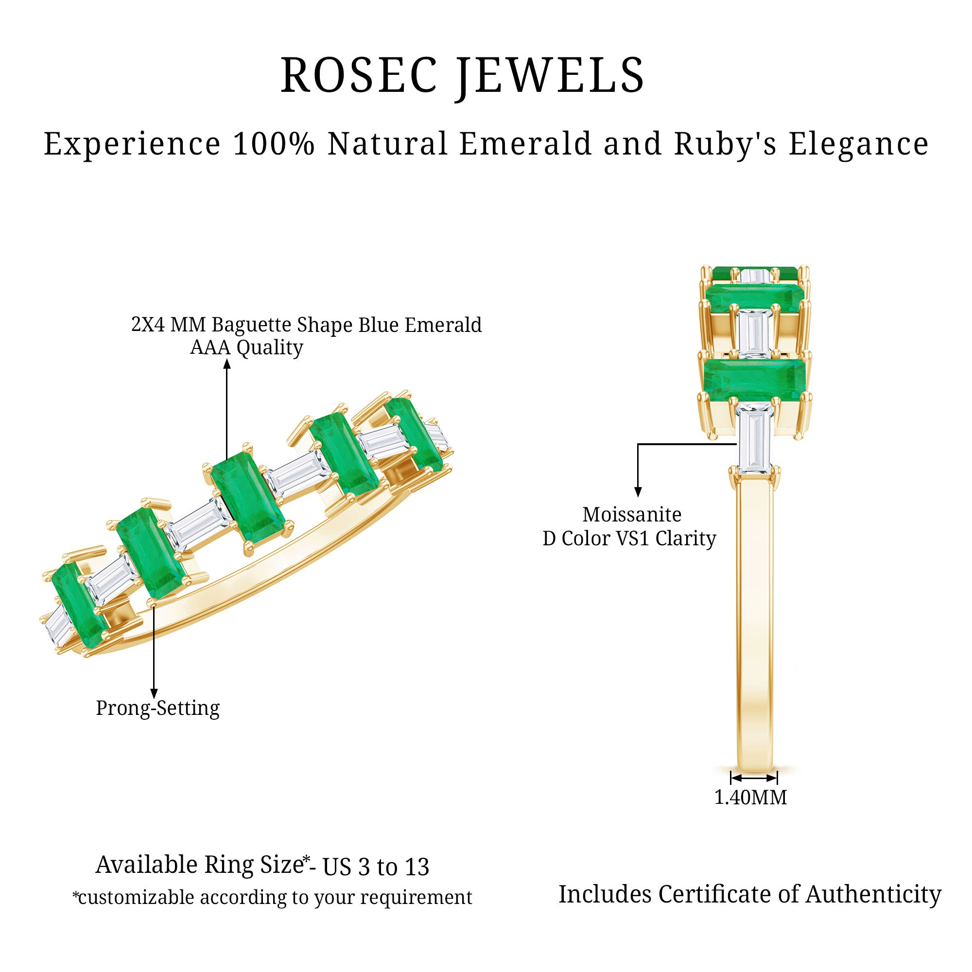 Genuine Baguette Emerald Half Eternity Ring with Moissanite AAA - Rosec Jewels