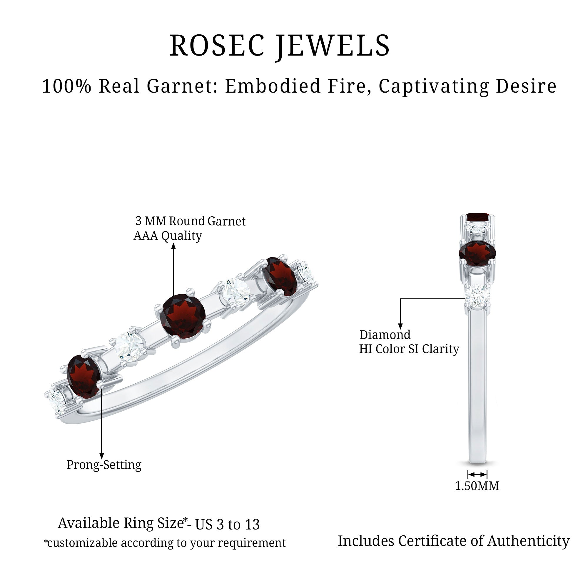 Rosec Jewels-Natural Garnet Diamond Half Eternity Ring