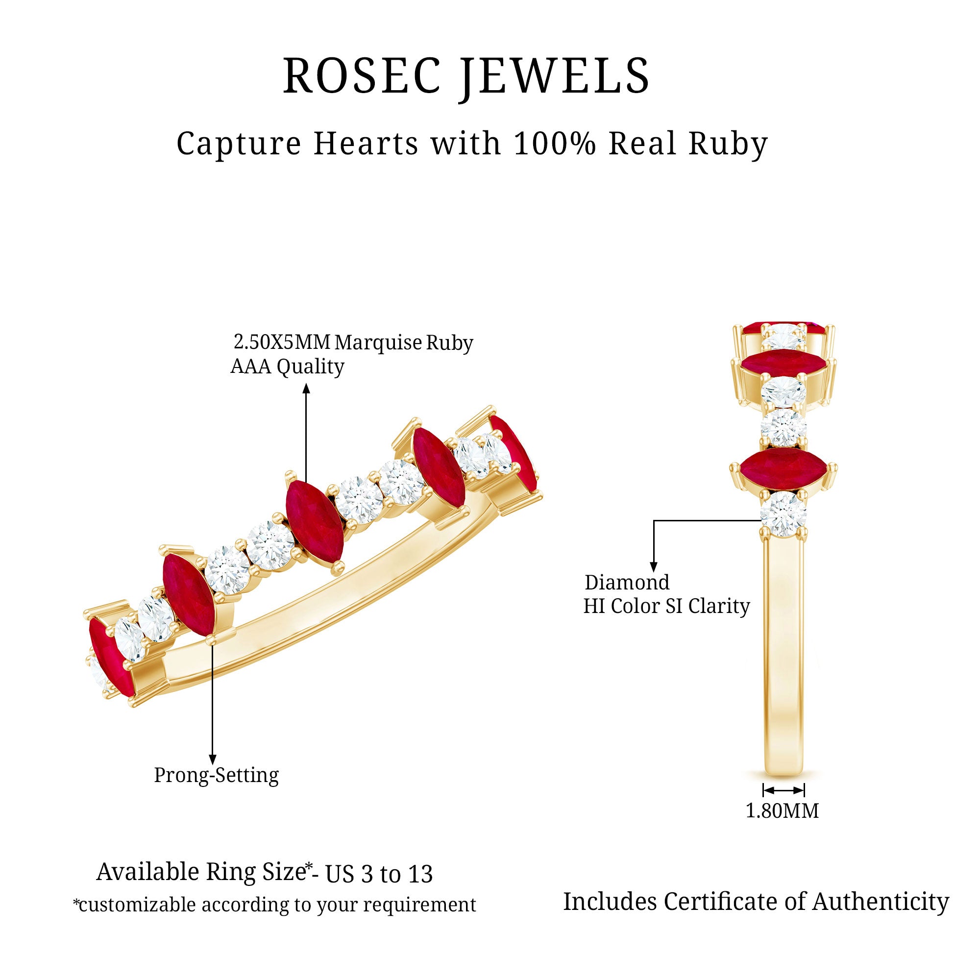 Natural Marquise Ruby Diamond Half Eternity Ring AAA - Rosec Jewels