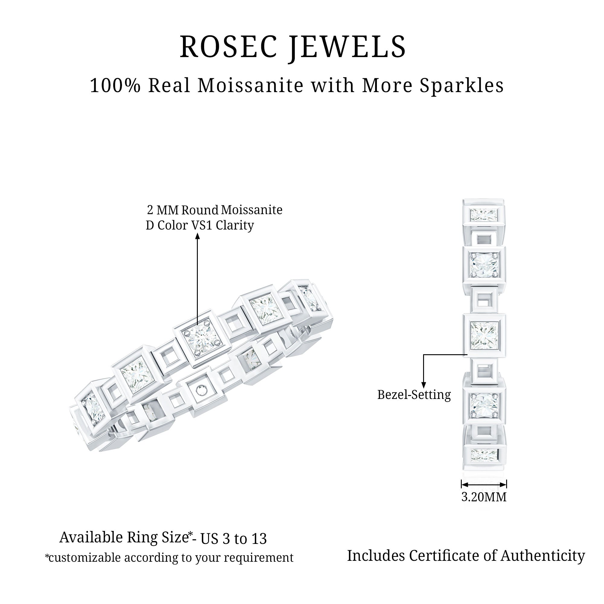 Princess Cut Moissanite Contemporary Wedding Band Ring D-VS1 - Rosec Jewels