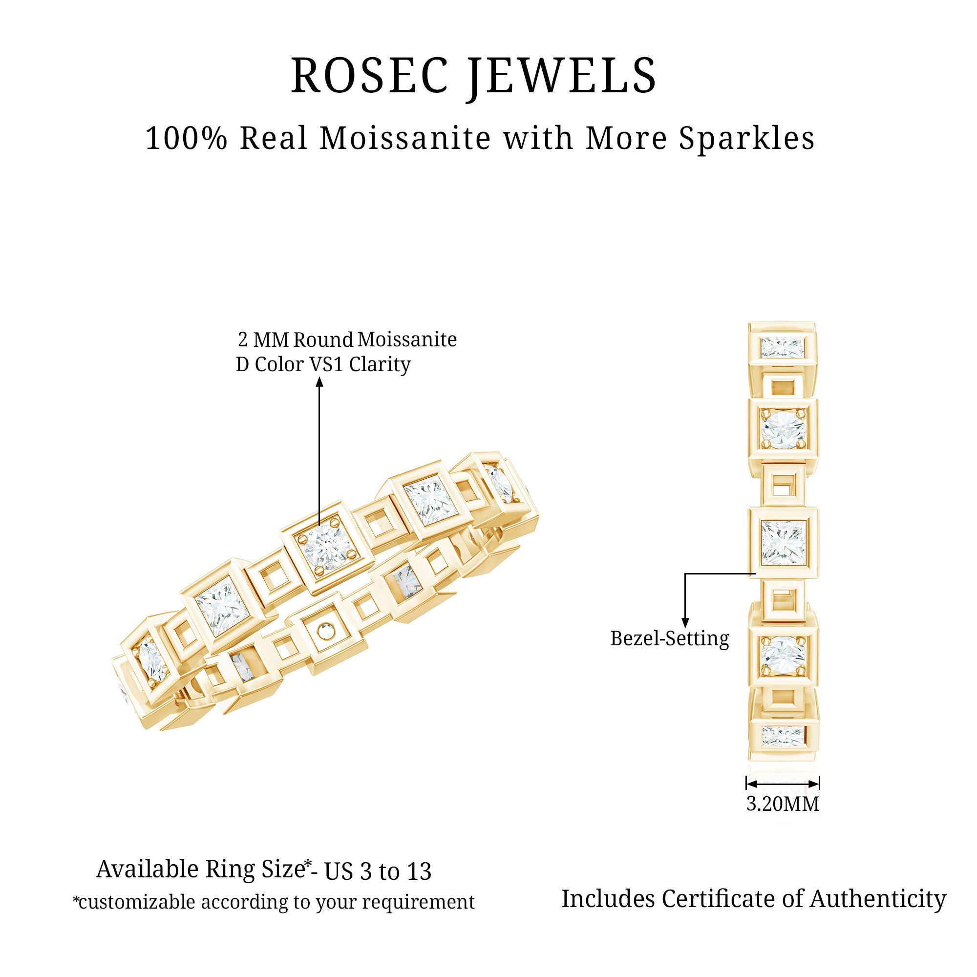 Princess Cut Moissanite Contemporary Wedding Band Ring D-VS1 - Rosec Jewels