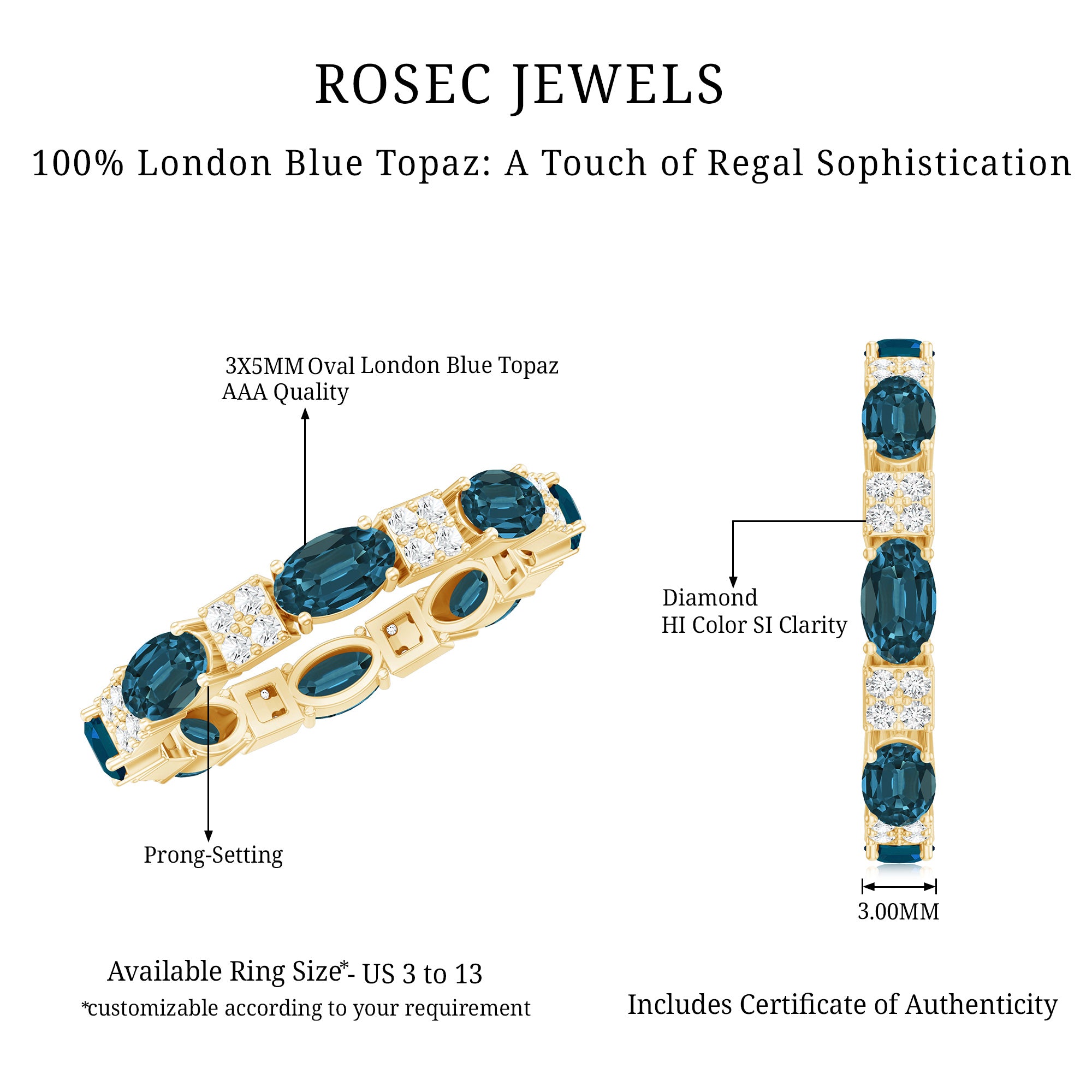 Oval London Blue Topaz Full Eternity Band Ring with Diamond AAA - Rosec Jewels