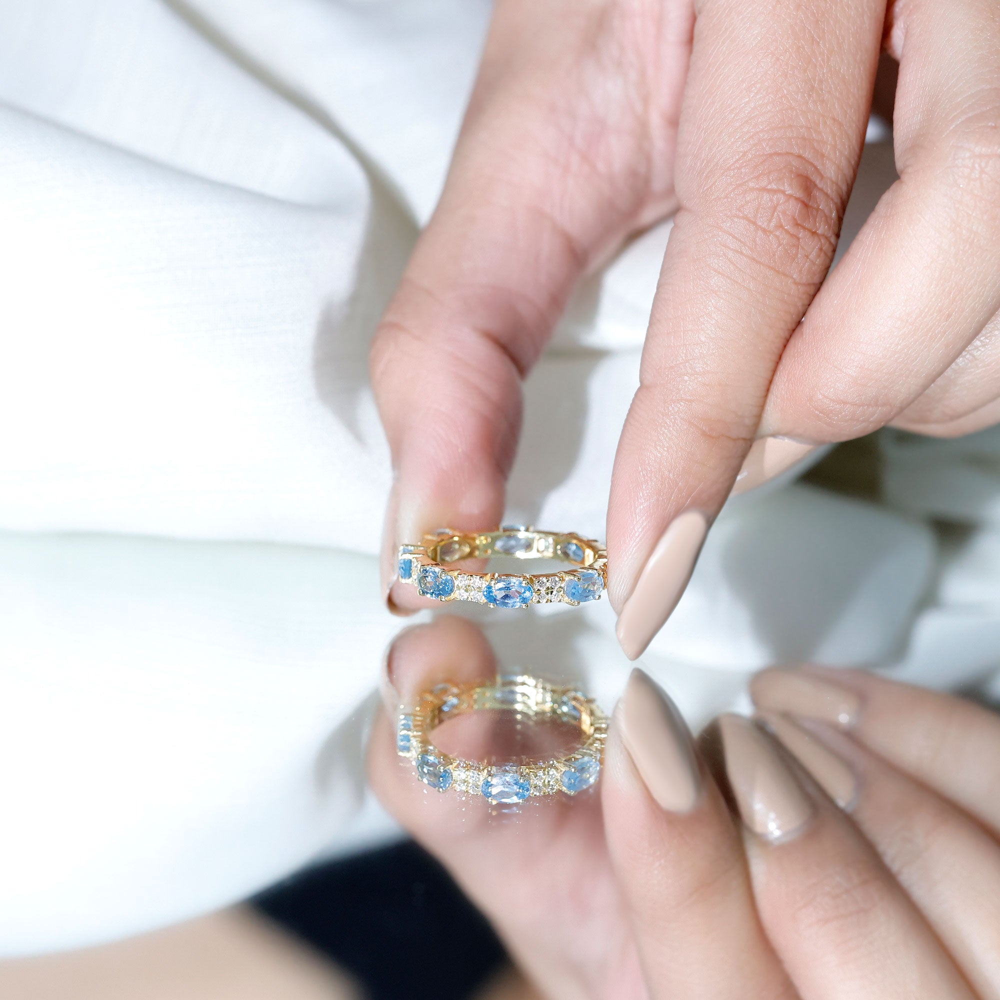 Real Aquamarine and Diamond Full Eternity Ring AAA - Rosec Jewels