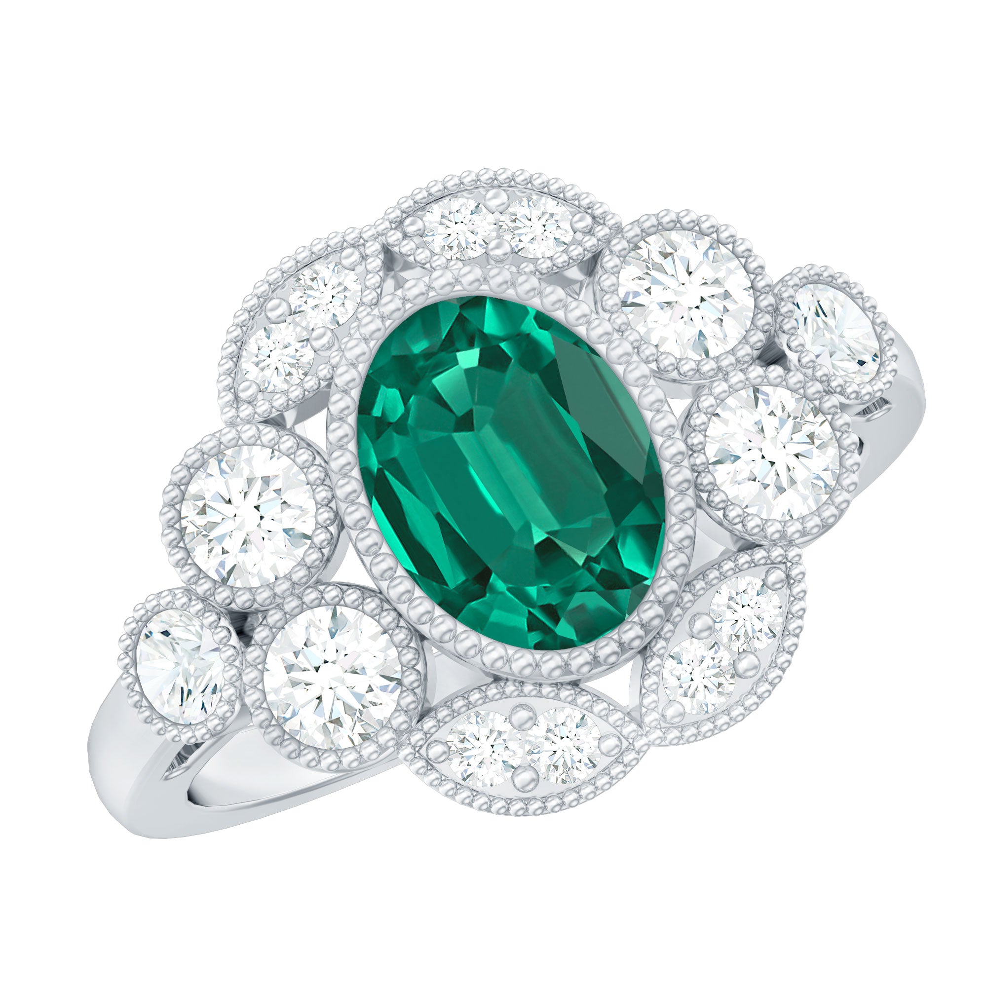 Certified Oval Lab Grown Emerald Antique Looking Engagement Ring