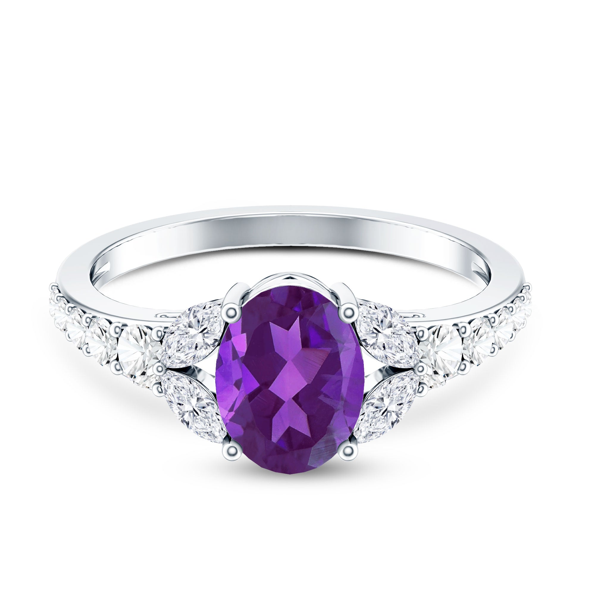 Natural 1 Carat Amethyst Oval Engagement Ring with Diamond AAA - Rosec Jewels
