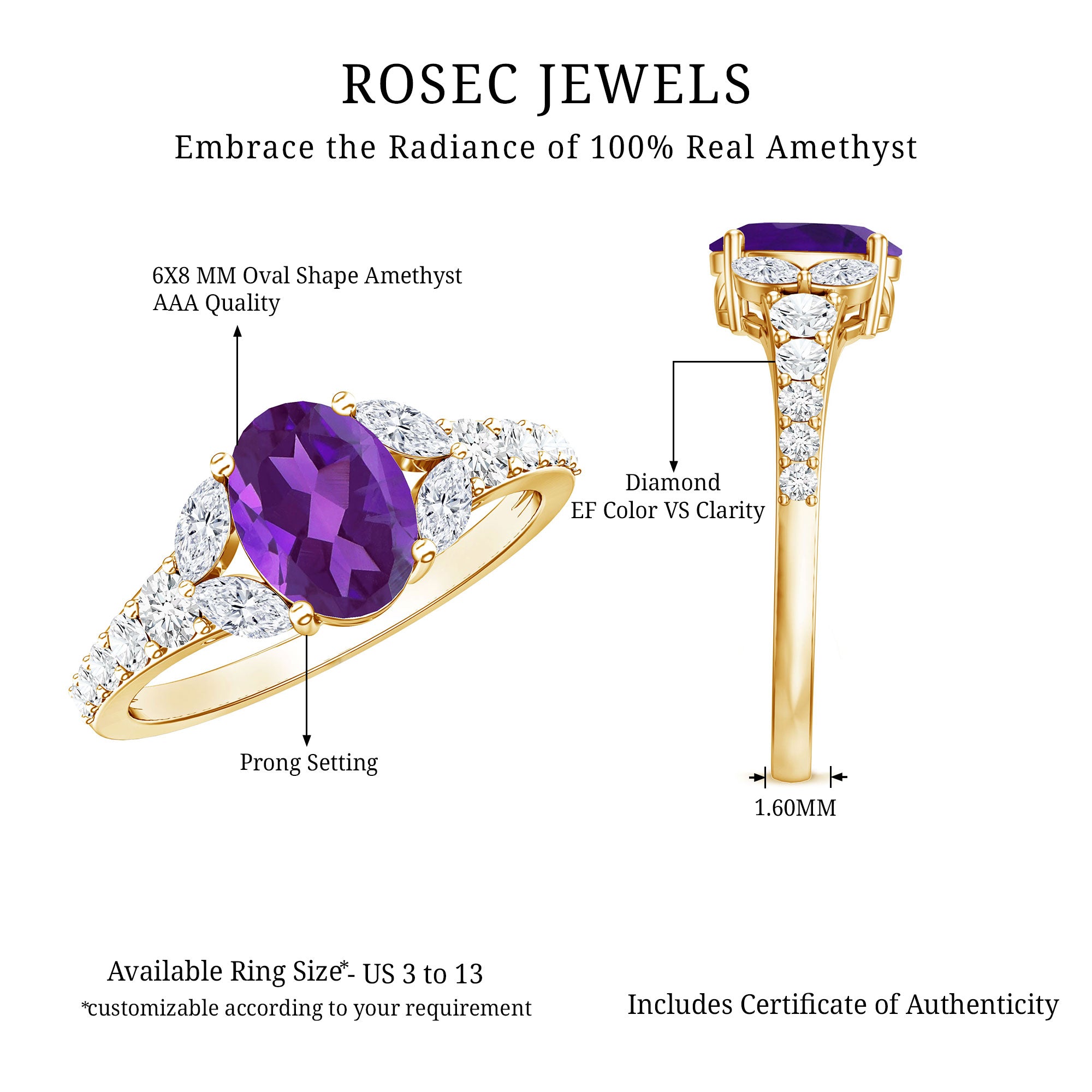 Natural 1 Carat Amethyst Oval Engagement Ring with Diamond AAA - Rosec Jewels