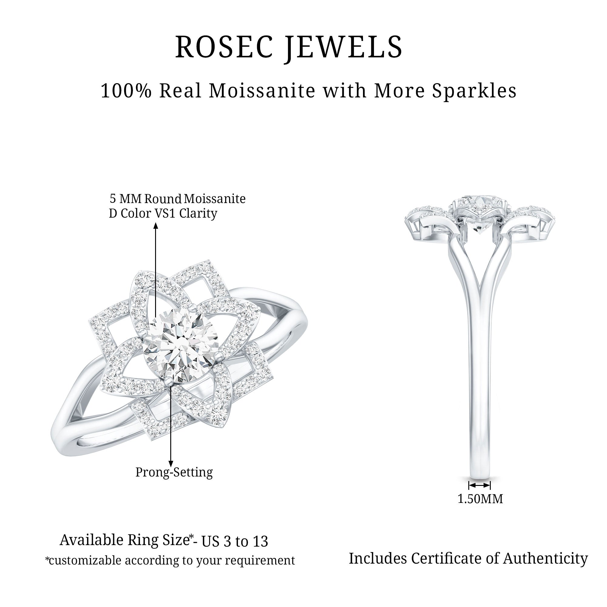 Certified Moissanite Floral Engagement Ring with Split Shank D-VS1 - Rosec Jewels