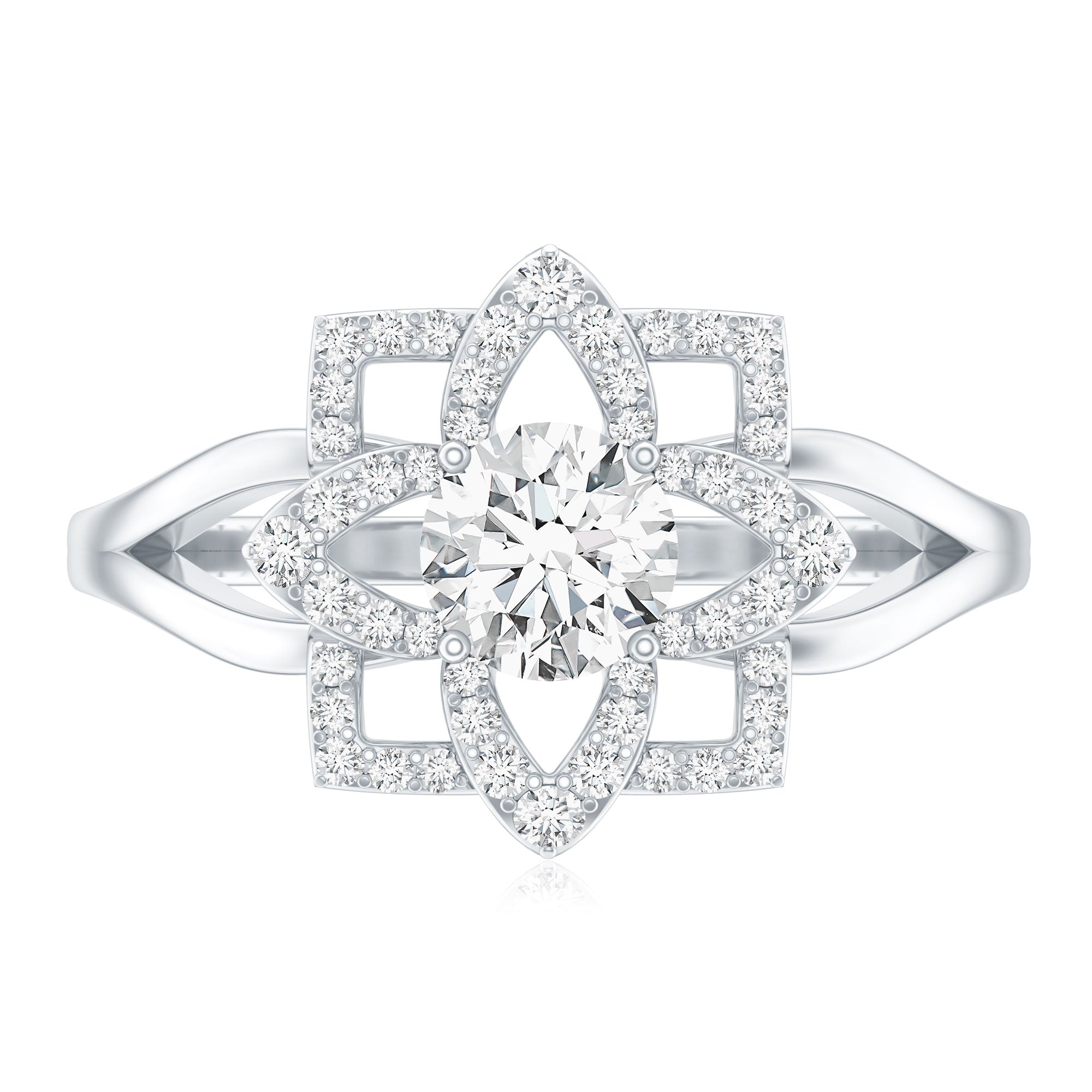 Certified Moissanite Floral Engagement Ring with Split Shank D-VS1 - Rosec Jewels