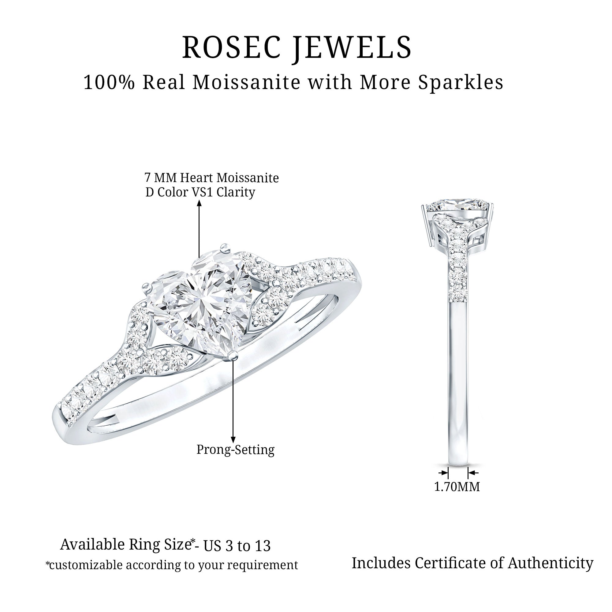 Certified Heart Shape Moissanite Engagement Ring D-VS1 - Rosec Jewels