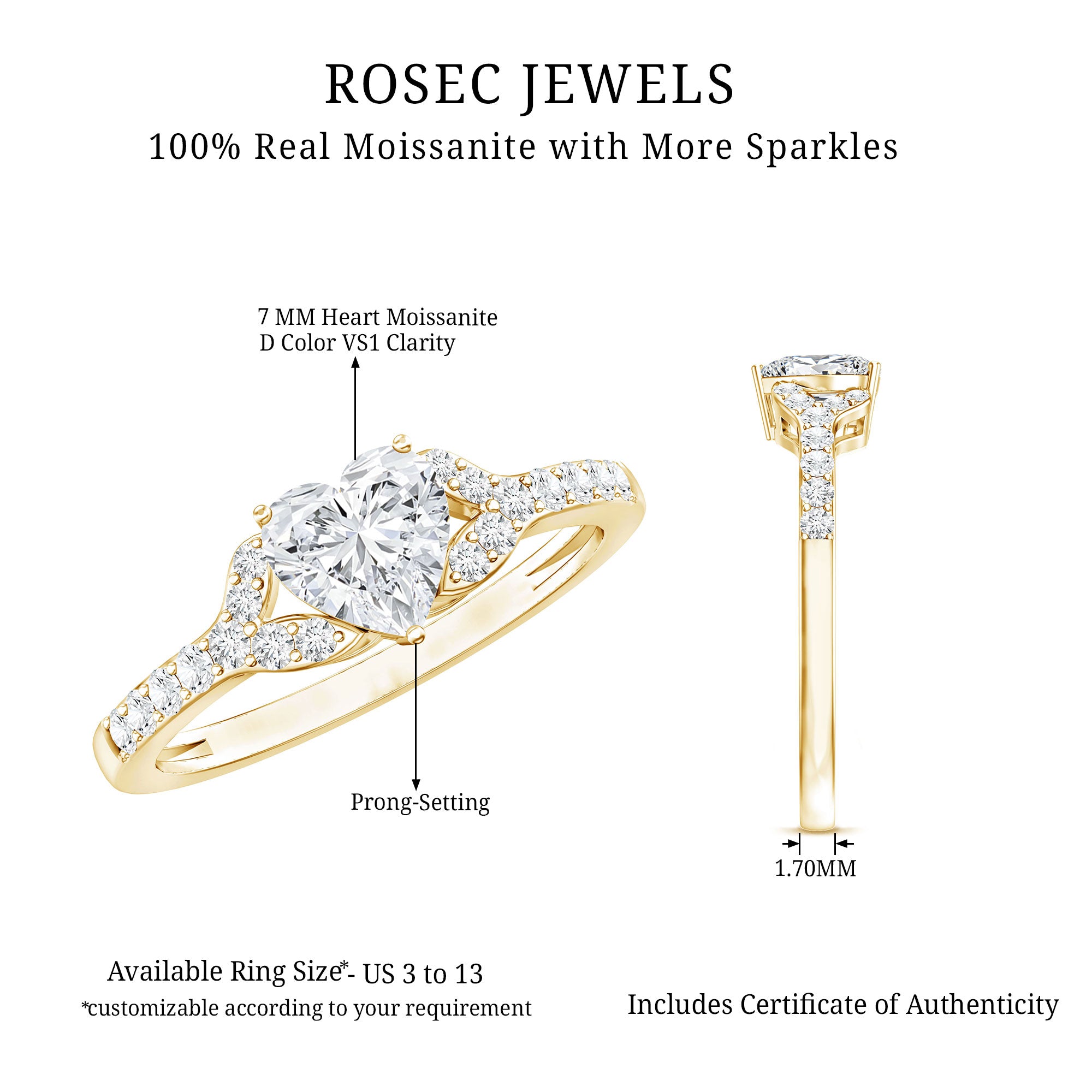 Certified Heart Shape Moissanite Engagement Ring D-VS1 - Rosec Jewels